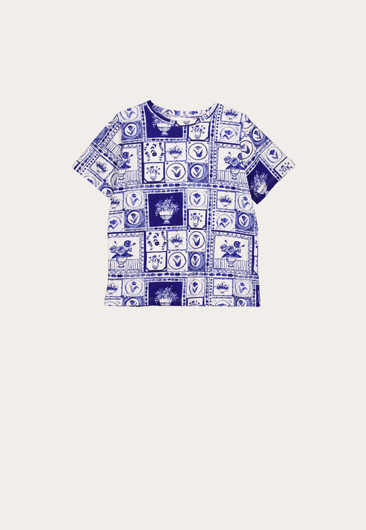 Nancybird organic cotton Lyon tile blue and white print Apollo tshirt.