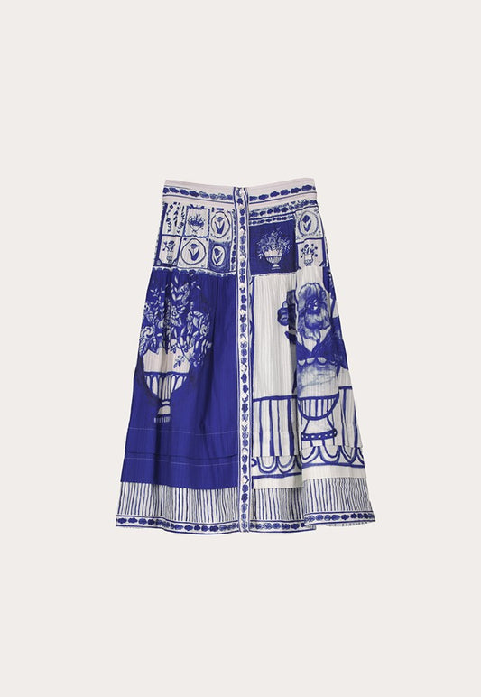 Nancybird organic cotton pinctuck Coco skirt in blue and white Lyon print.