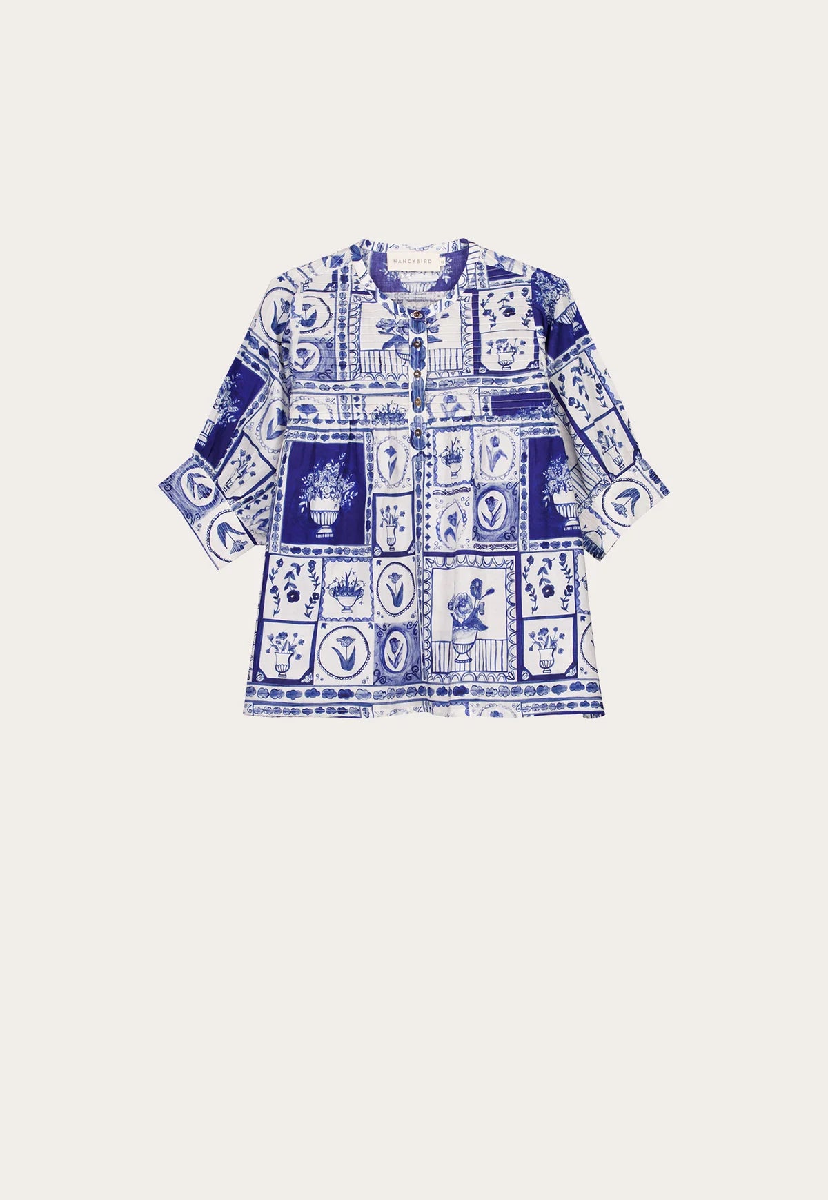 Nancybird cotton voile Gwen blouse in blue and white Lyon tile print.