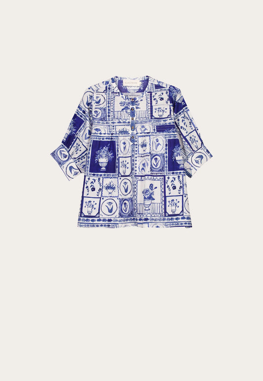 Nancybird cotton voile Gwen blouse in blue and white Lyon tile print.