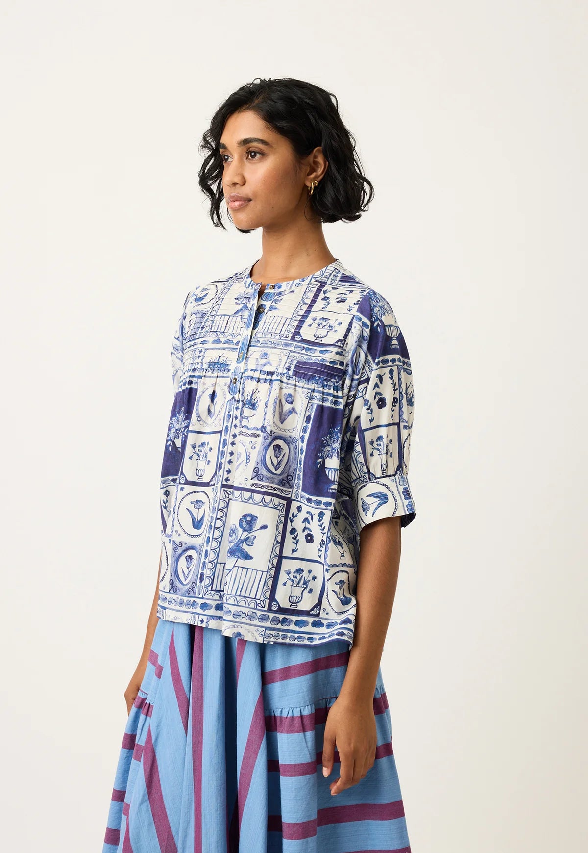 Nancybird cotton voile Gwen blouse in blue and white Lyon tile print.
