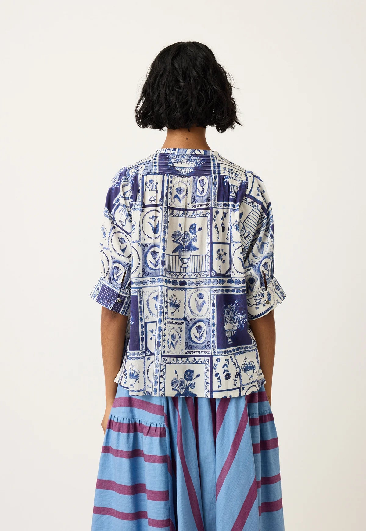 Nancybird cotton voile Gwen blouse in blue and white Lyon tile print.
