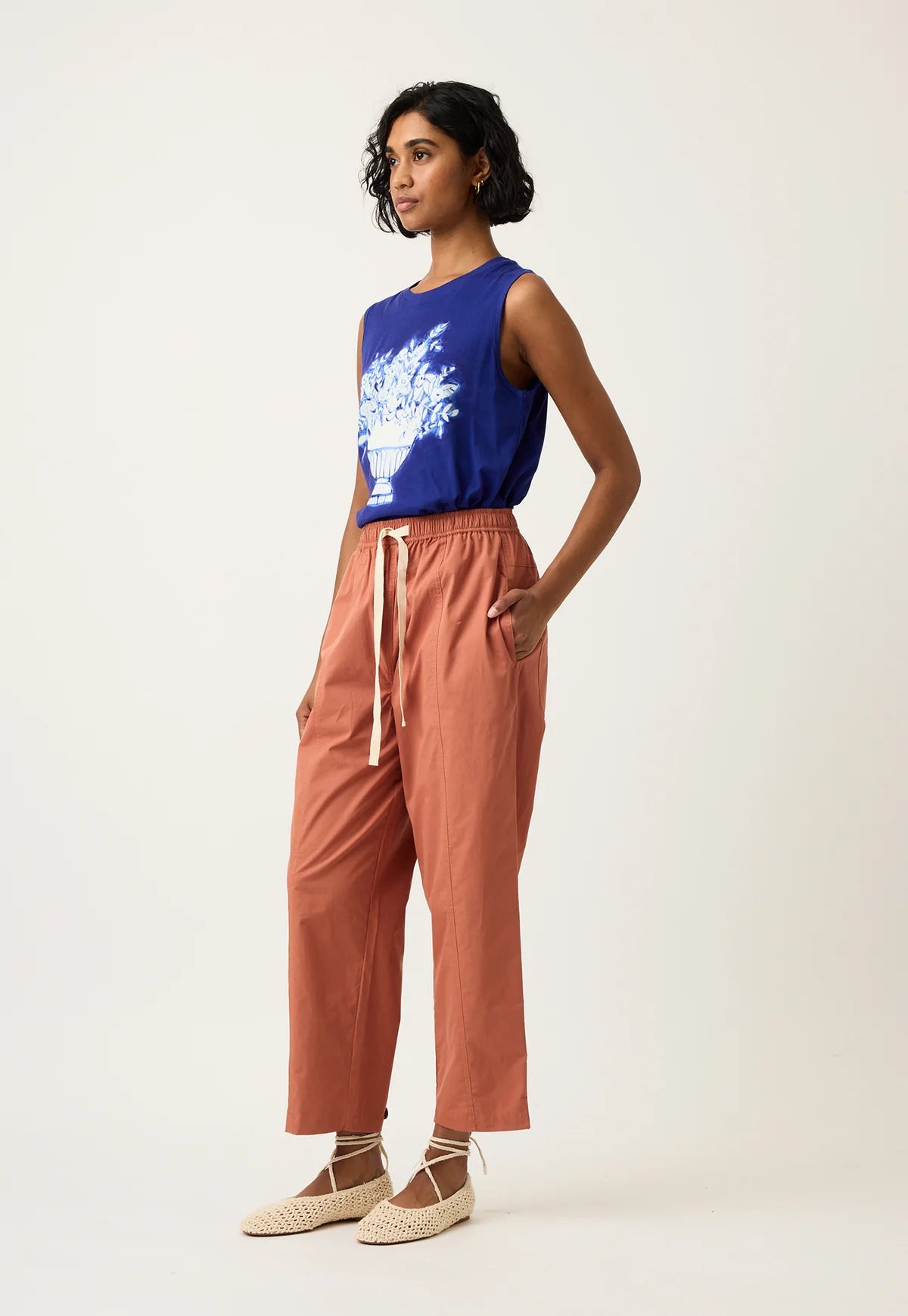Nancybird elastic waist cotton Sol pants in earth.