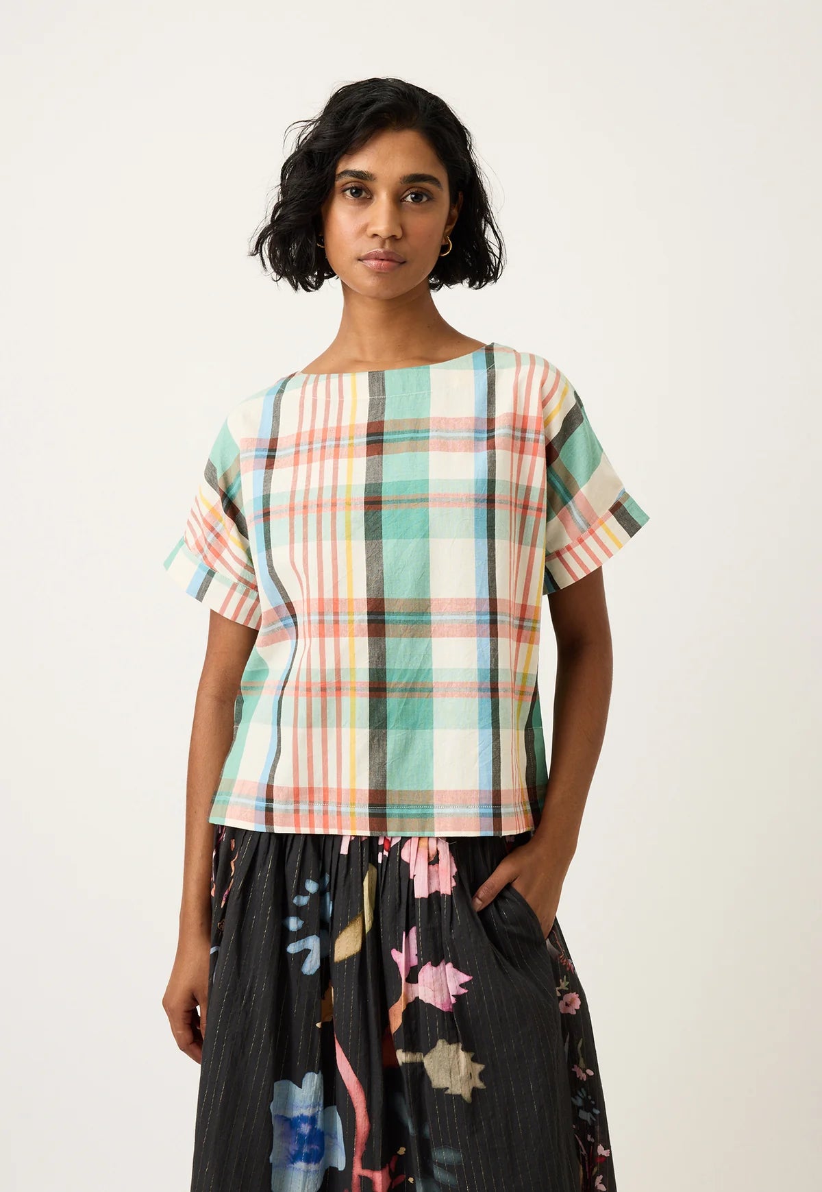 Nancybird cotton Dolman top in summer check.