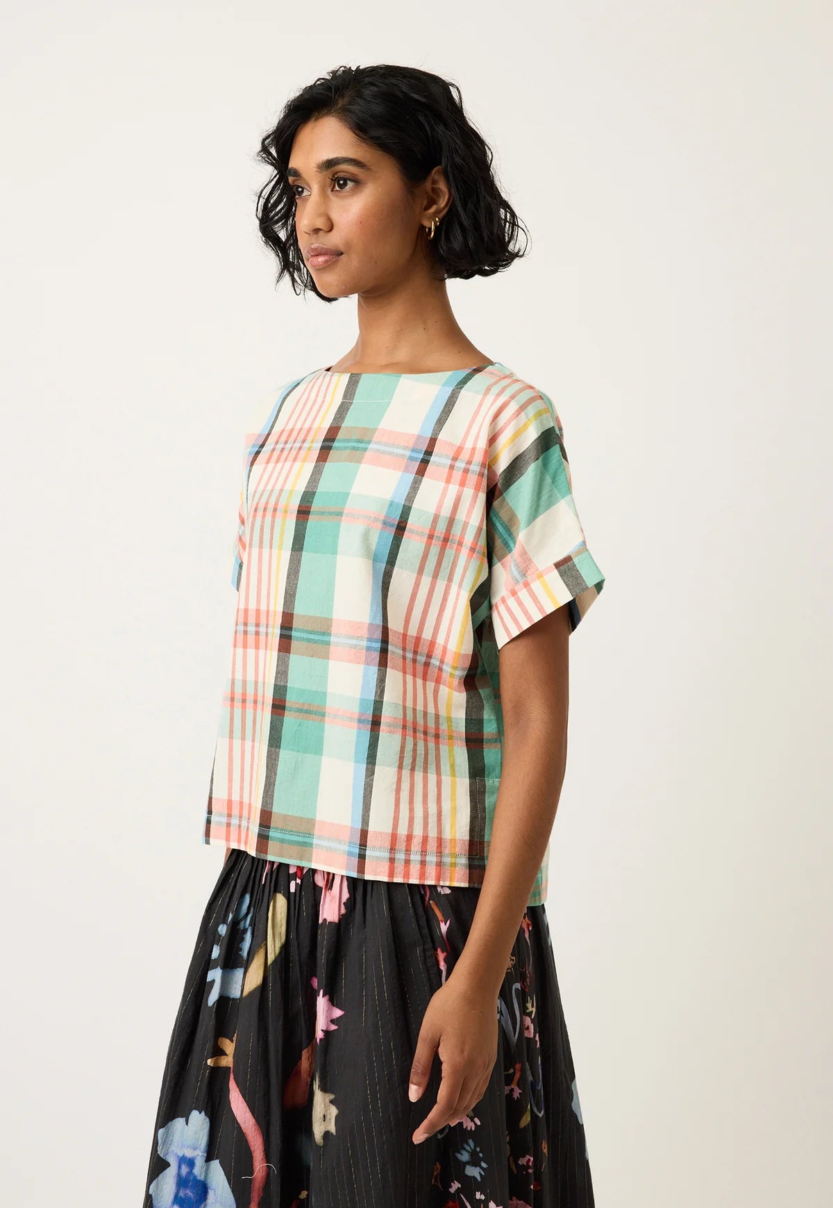 Nancybird cotton Dolman top in summer check.