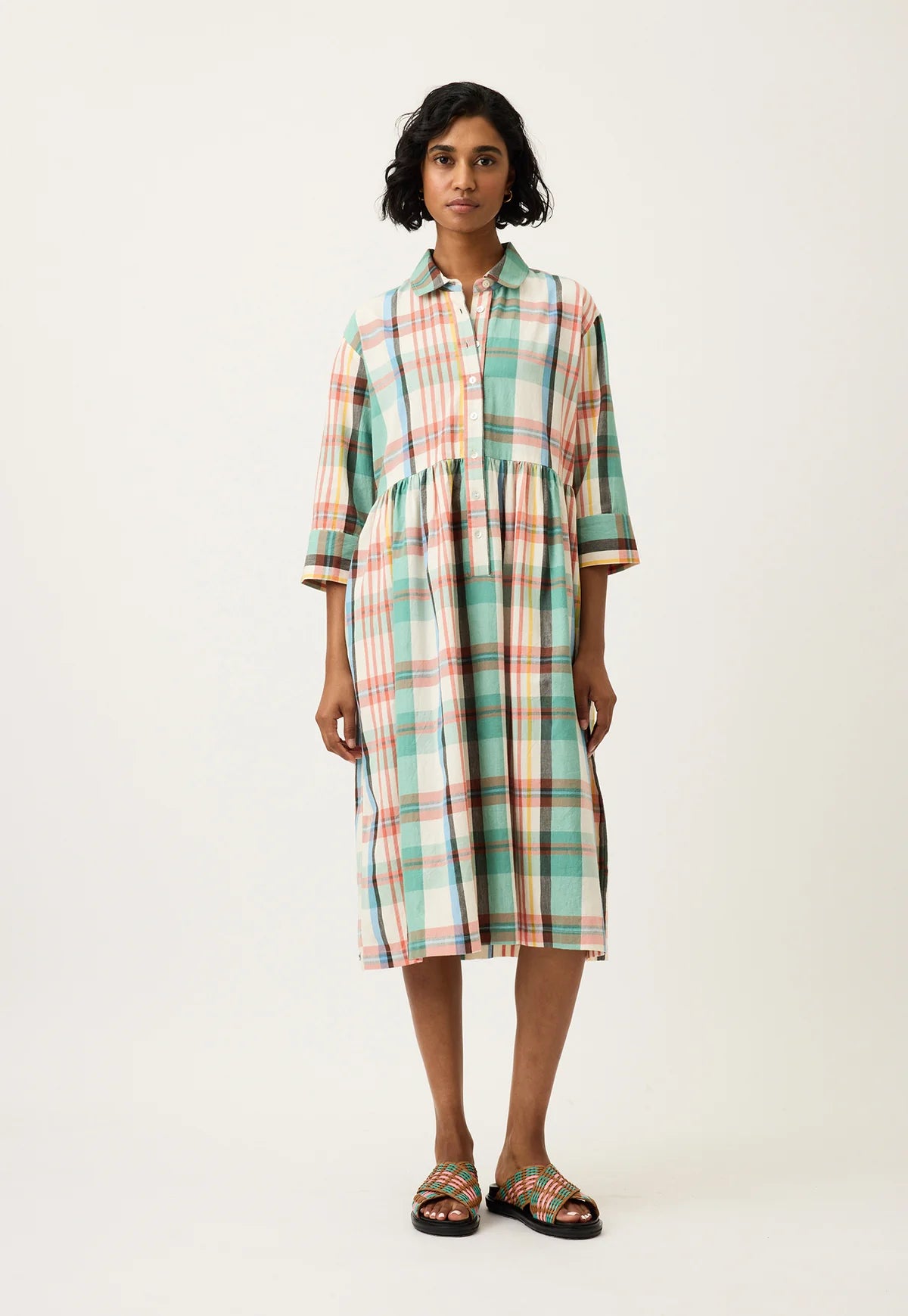 Nancybird multicolour summer check handloom cotton Mel shirt dress.
