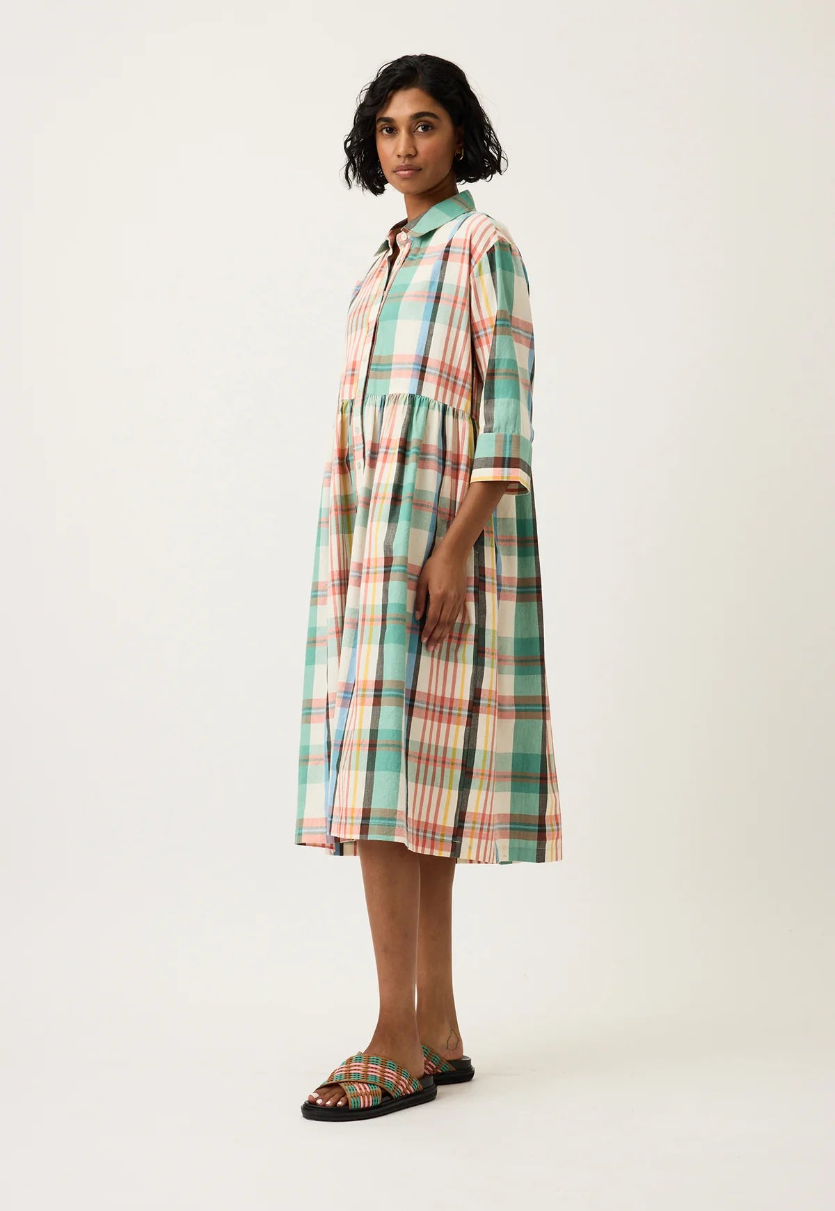 Nancybird multicolour summer check handloom cotton Mel shirt dress.