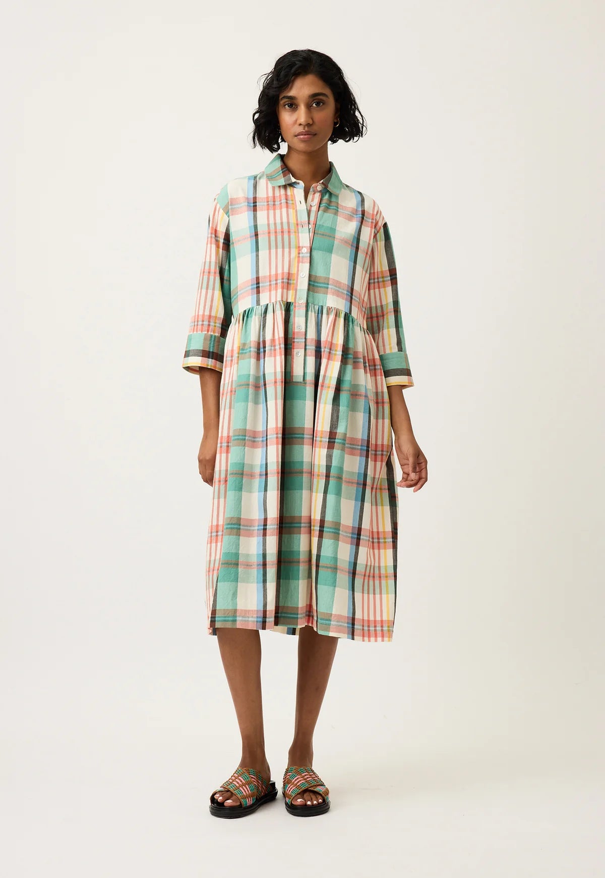 Nancybird multicolour summer check handloom cotton Mel shirt dress.