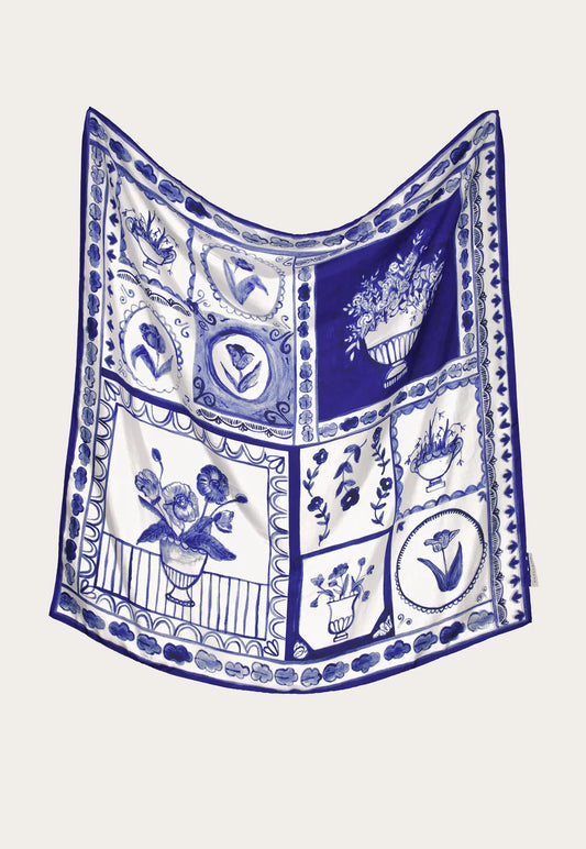 Nancybird silk habutai Lyon tile blue and white square scarf.