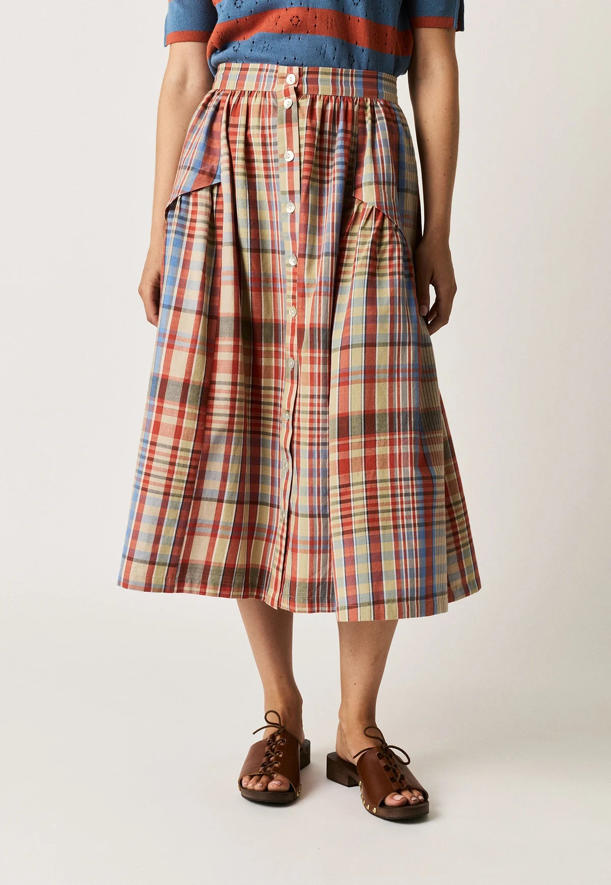 Nancybird Acacia skirt in coast check handwoven organic cotton.