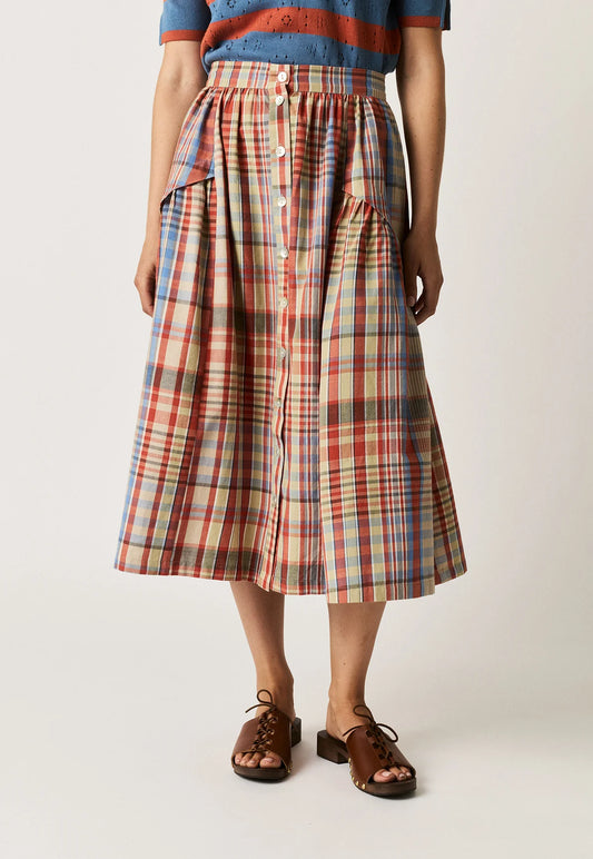 Nancybird Acacia skirt in coast check handwoven organic cotton.