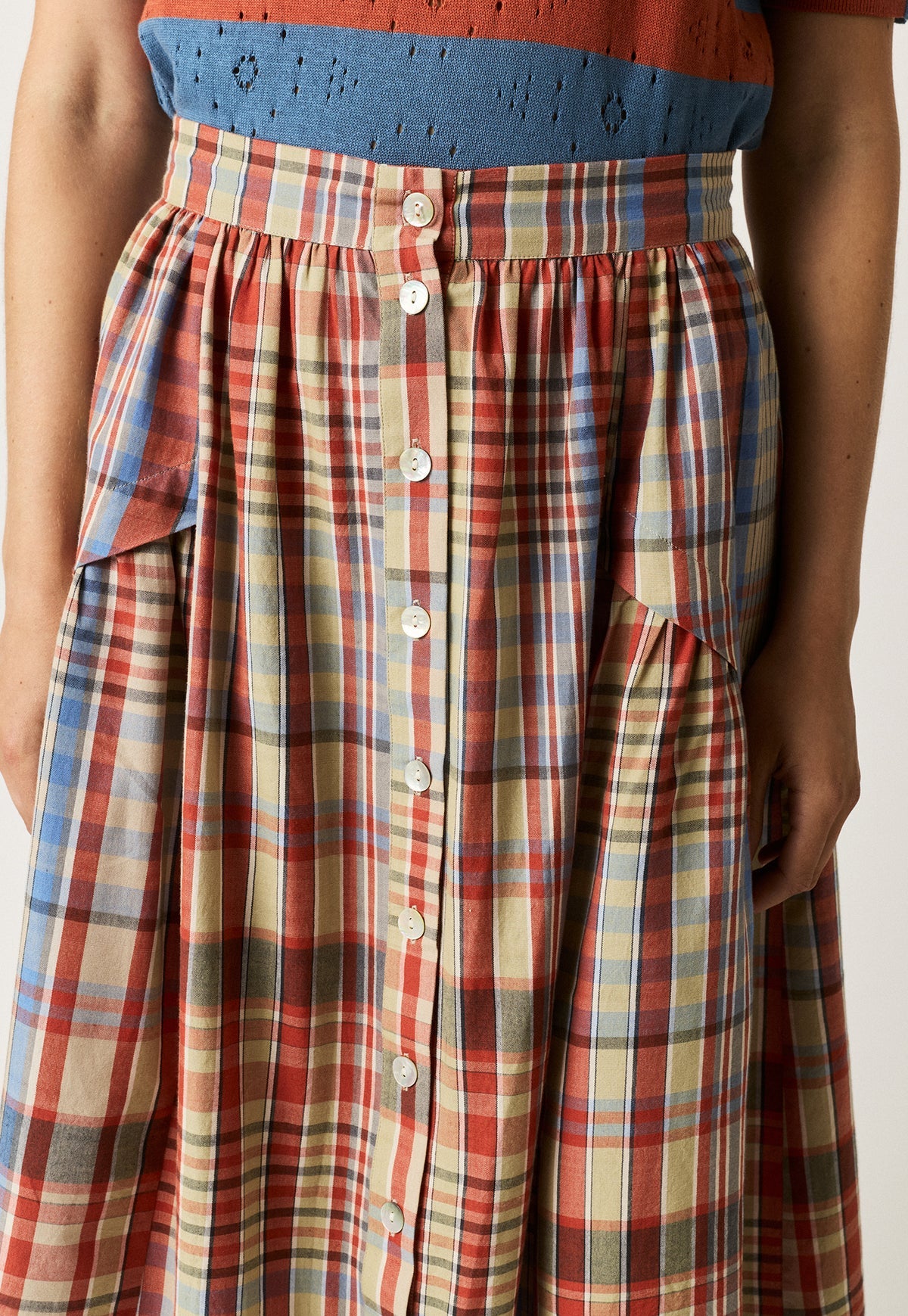 Nancybird Acacia skirt in coast check handwoven organic cotton.