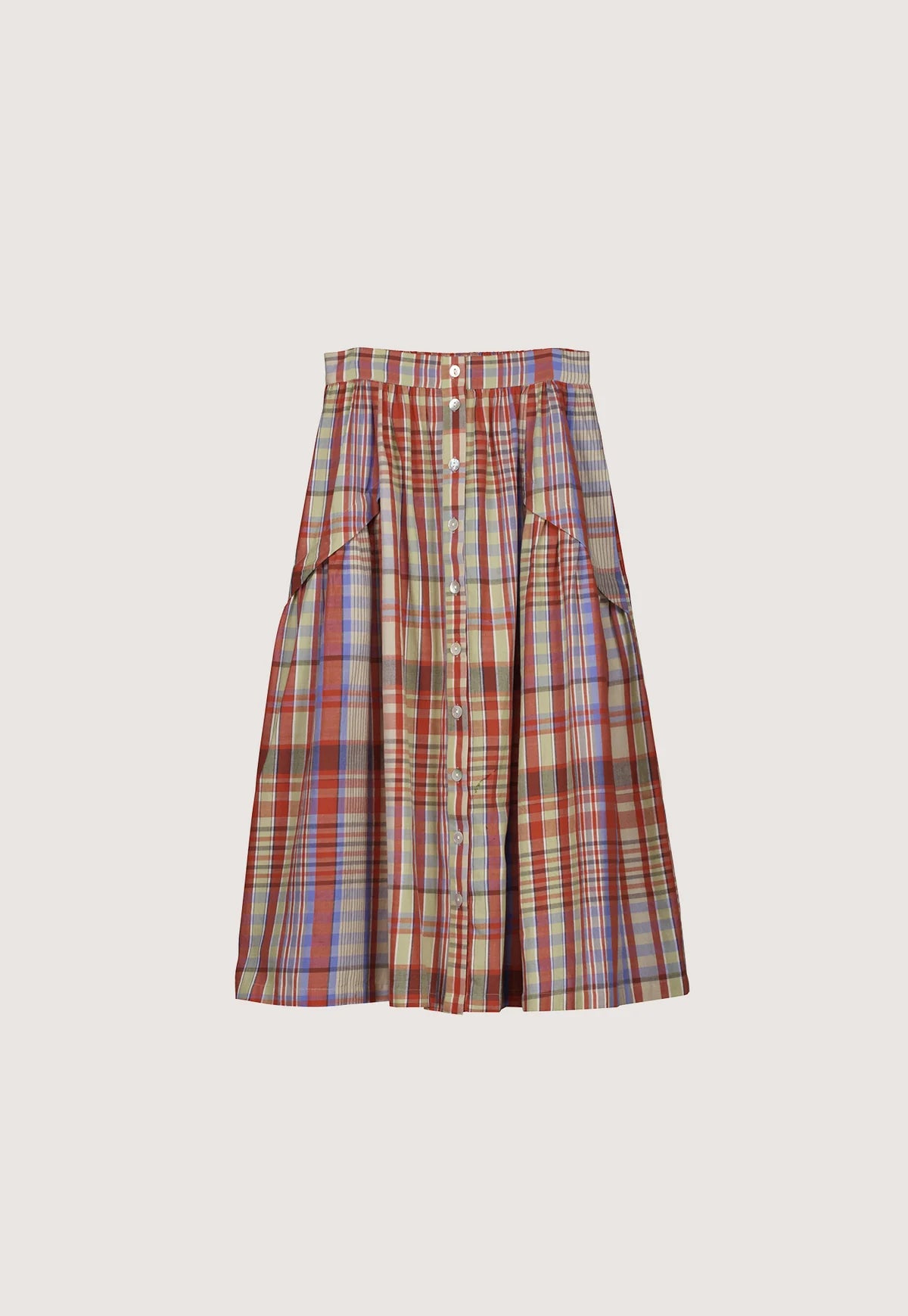 Nancybird Acacia skirt in coast check handwoven organic cotton.