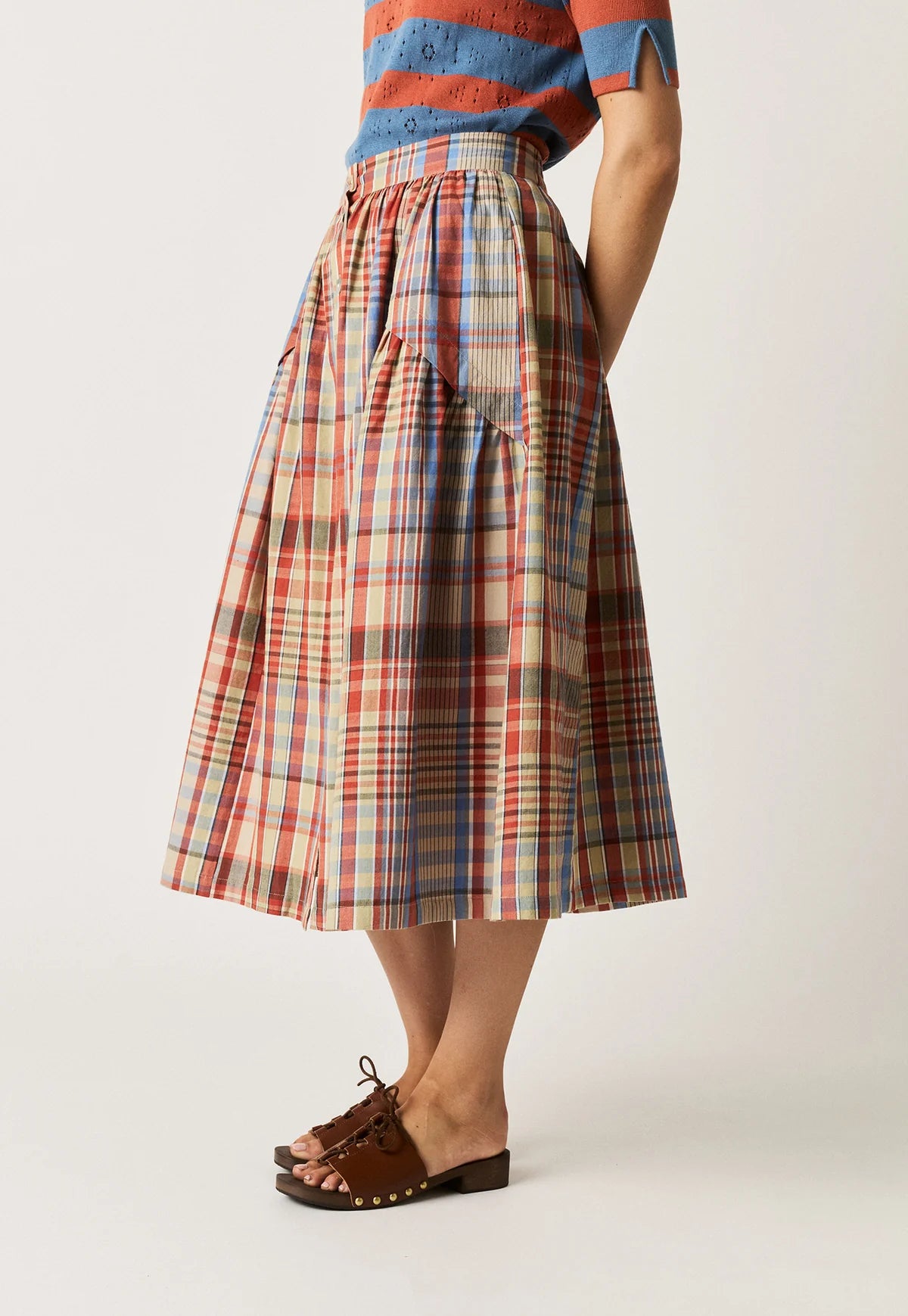 Nancybird Acacia skirt in coast check handwoven organic cotton.