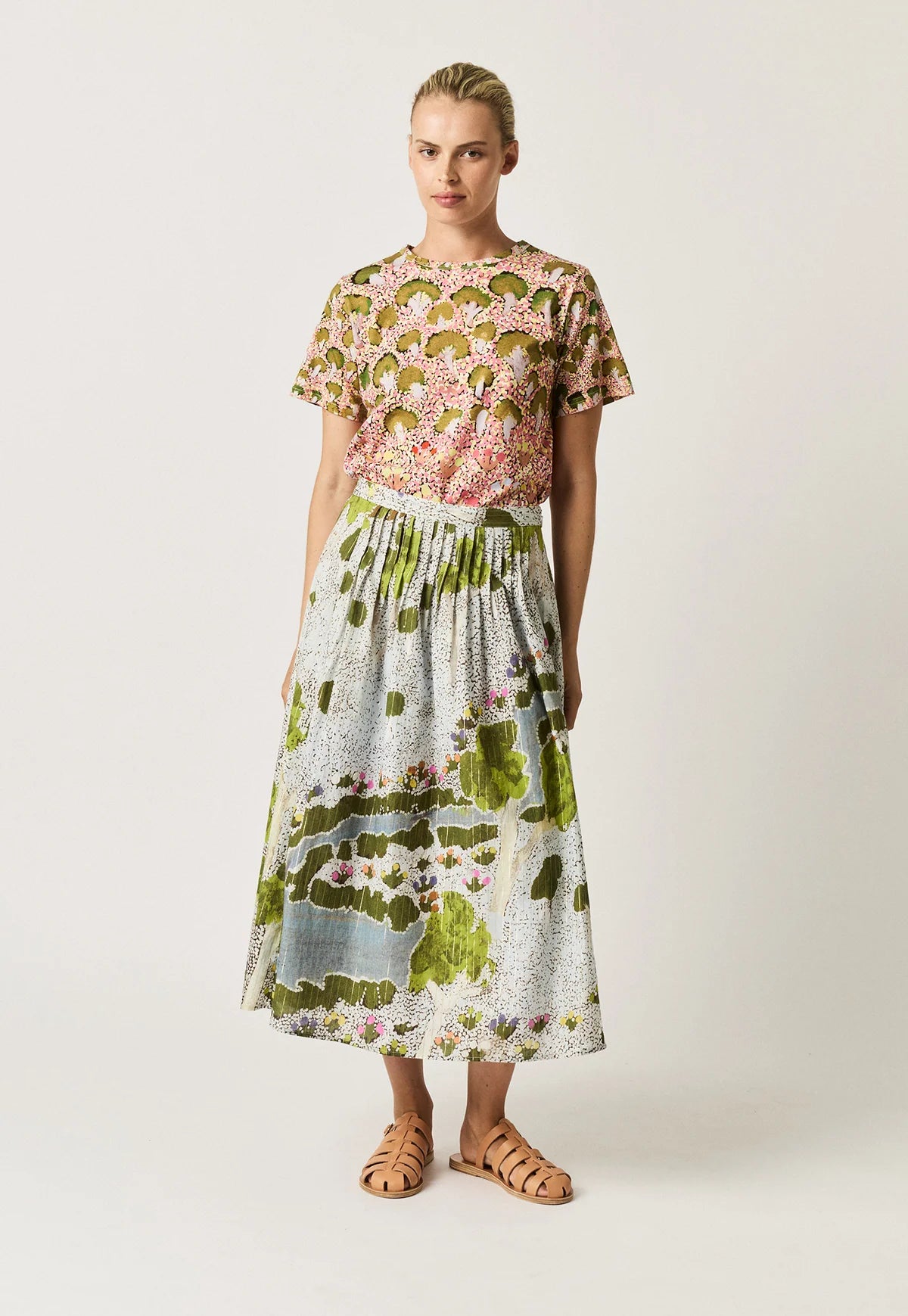 Nancybird Alma skirt with pleated yoke and elastic waist at back, in original Spring Creek art print.