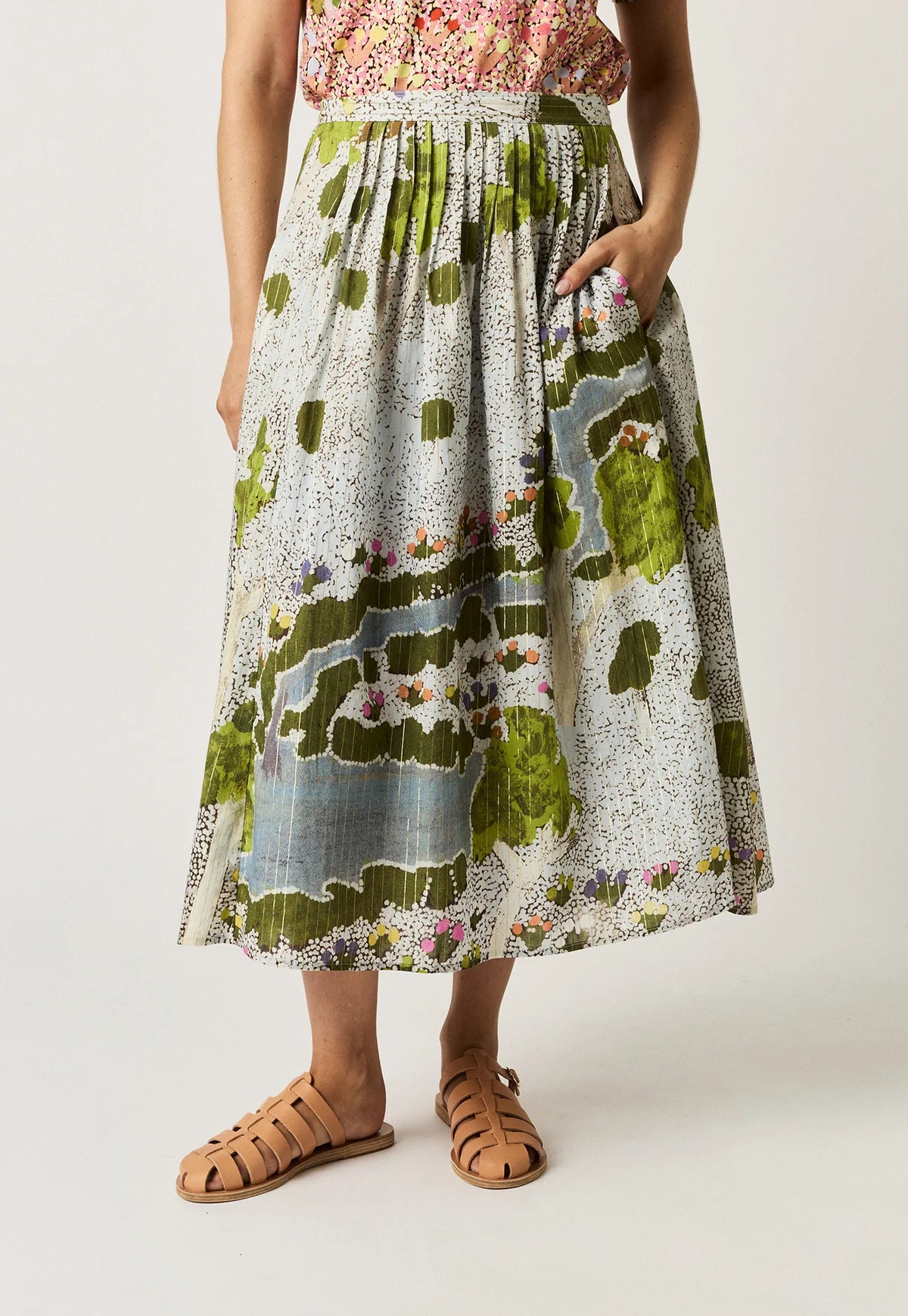 Nancybird Alma skirt with pleated yoke and elastic waist at back, in original Spring Creek art print.