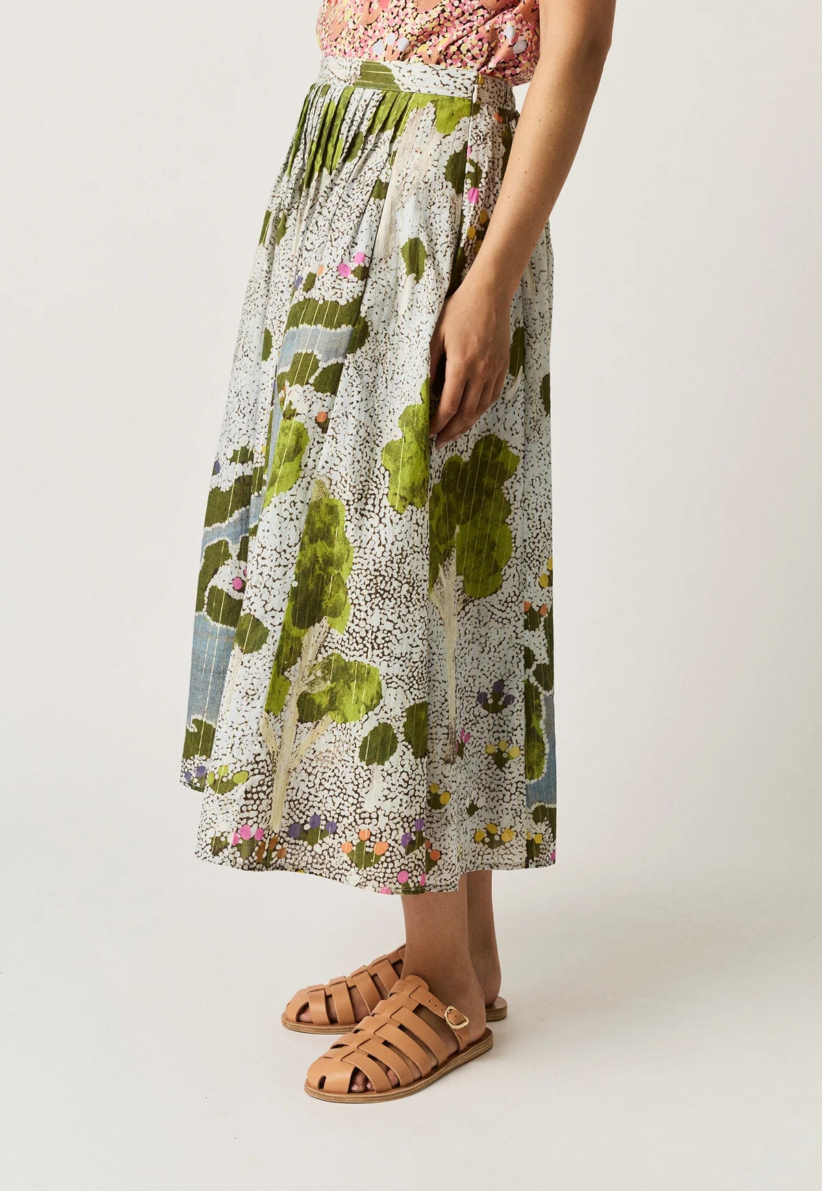 Nancybird Alma skirt with pleated yoke and elastic waist at back, in original Spring Creek art print.