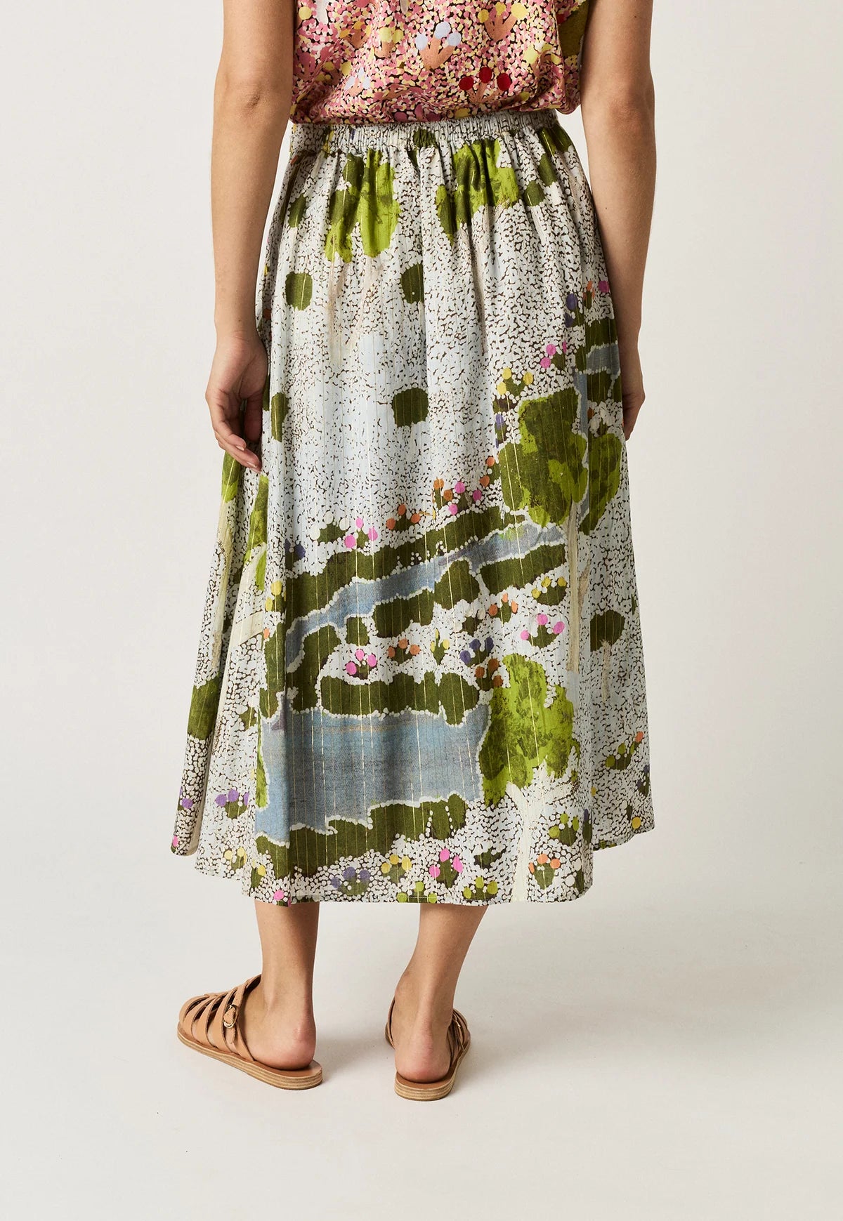 Nancybird Alma skirt with pleated yoke and elastic waist at back, in original Spring Creek art print.