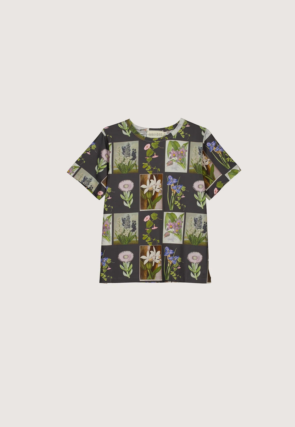 Nancybird organic cotton tshirt Apollo in charcoal archive floral print.