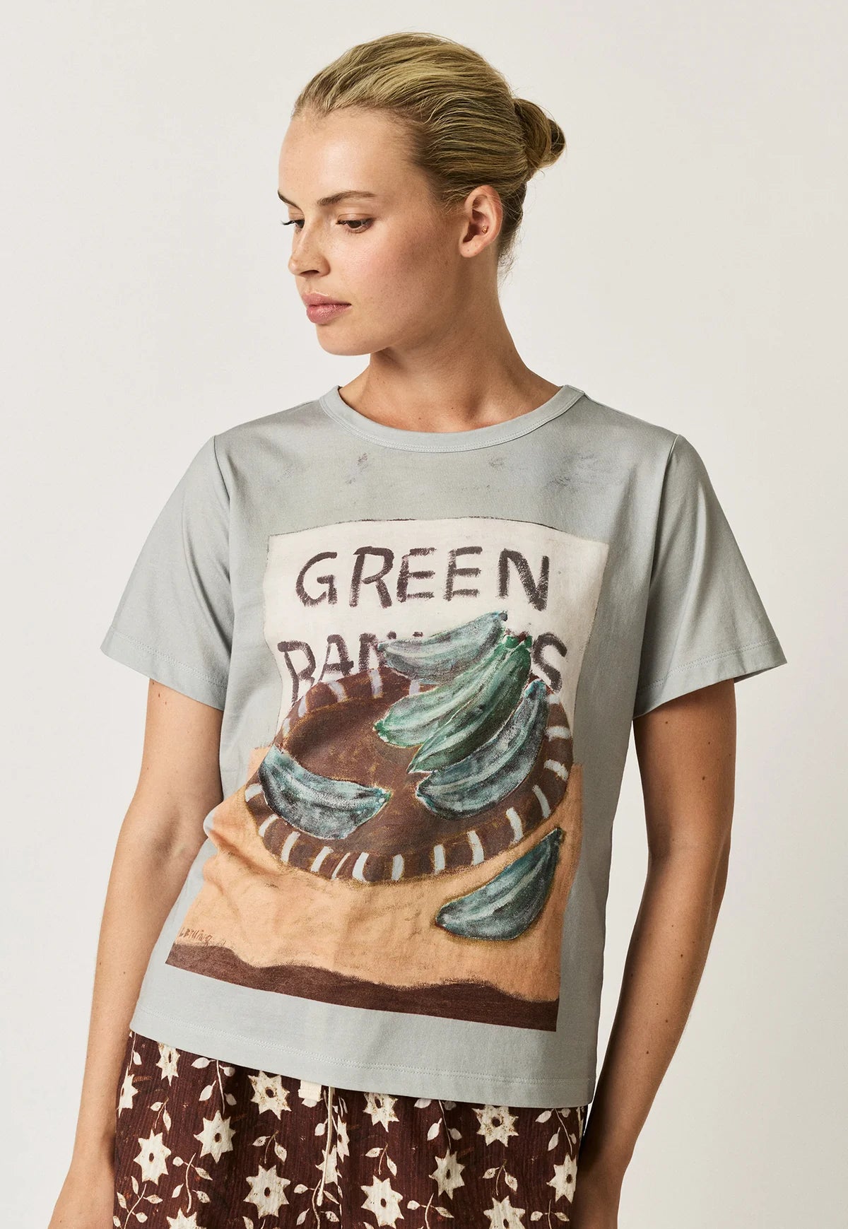 Nancybird organic cotton Apollo tee tshirt featuring Green Bananas artwork.