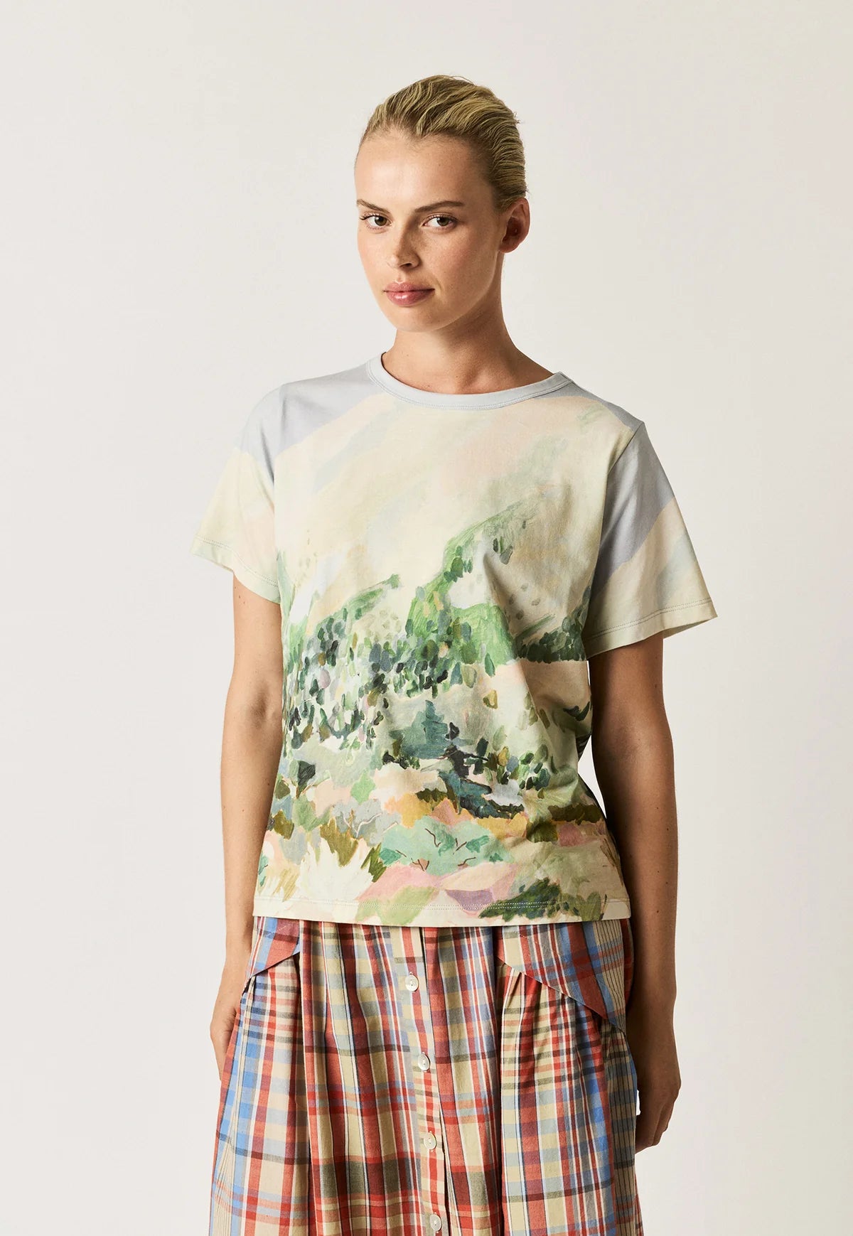 Nancybird organic cotton Apollo tshirt featuring Mountain Peak artwork of collaborating artist Margeret Jaene.