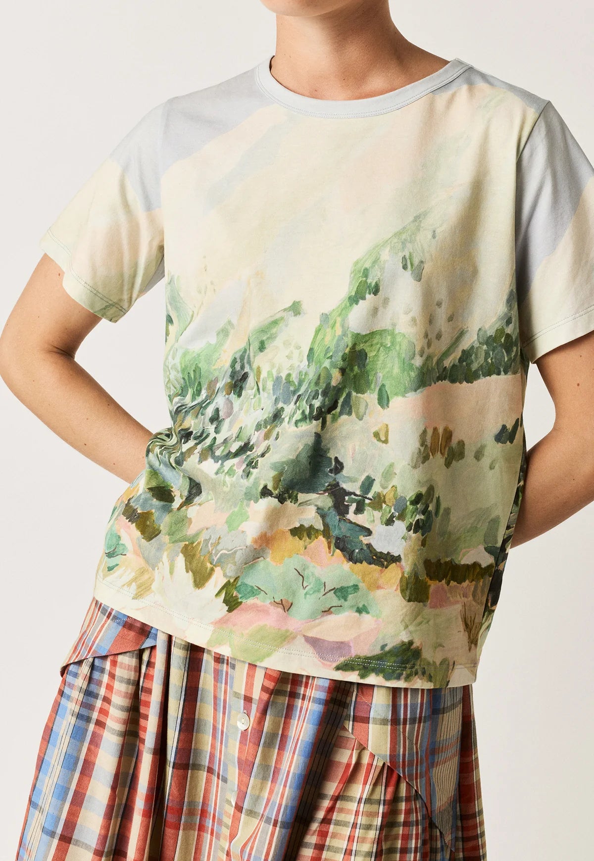 Nancybird organic cotton Apollo tshirt featuring Mountain Peak artwork of collaborating artist Margeret Jaene.