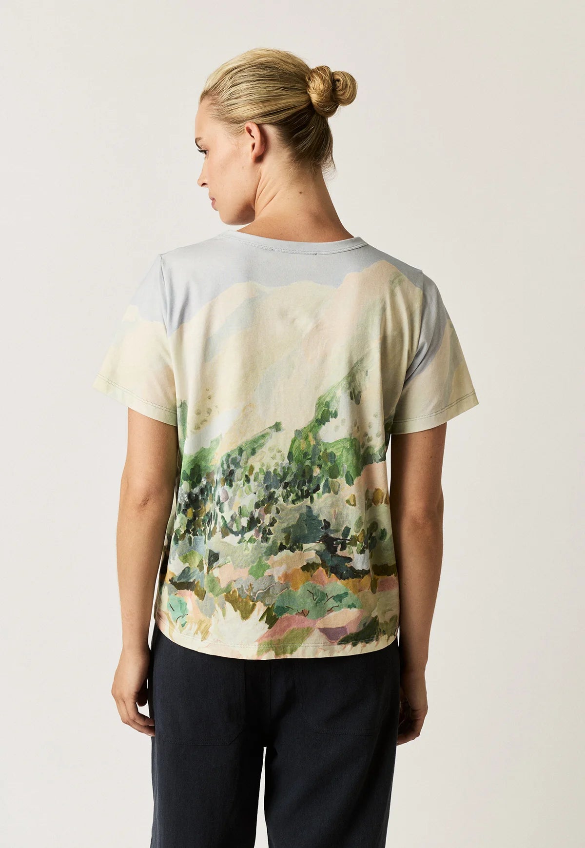 Nancybird organic cotton Apollo tshirt featuring Mountain Peak artwork of collaborating artist Margeret Jaene.