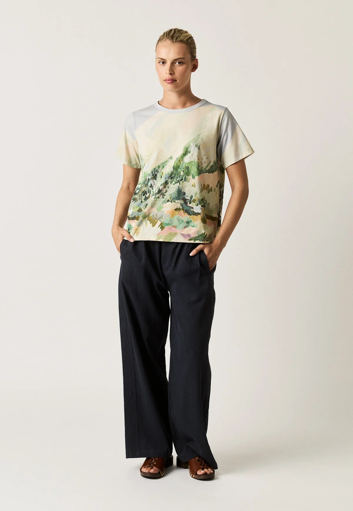 Nancybird organic cotton Apollo tshirt featuring Mountain Peak artwork of collaborating artist Margeret Jaene.