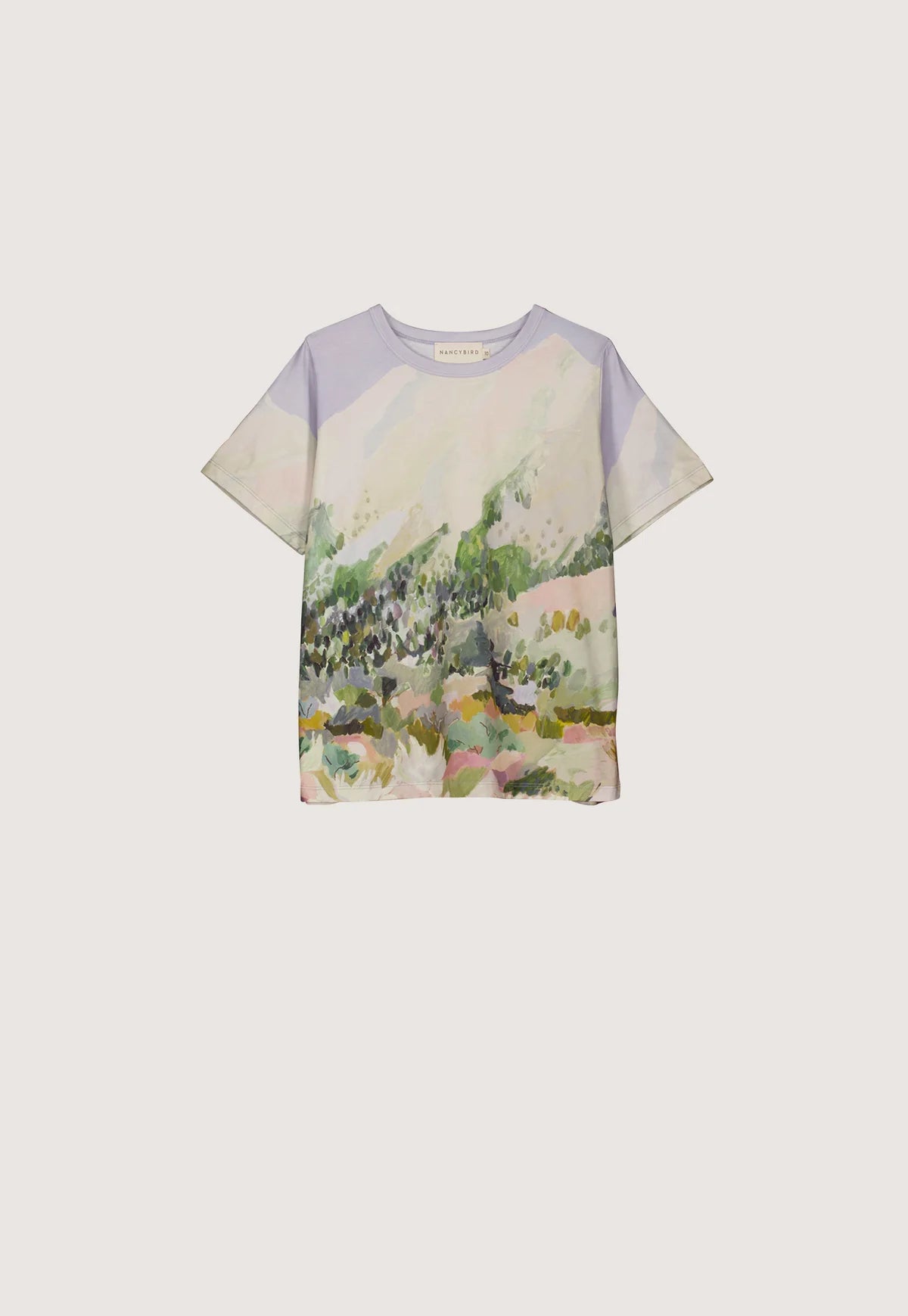 Nancybird organic cotton Apollo tshirt featuring Mountain Peak artwork of collaborating artist Margeret Jaene.