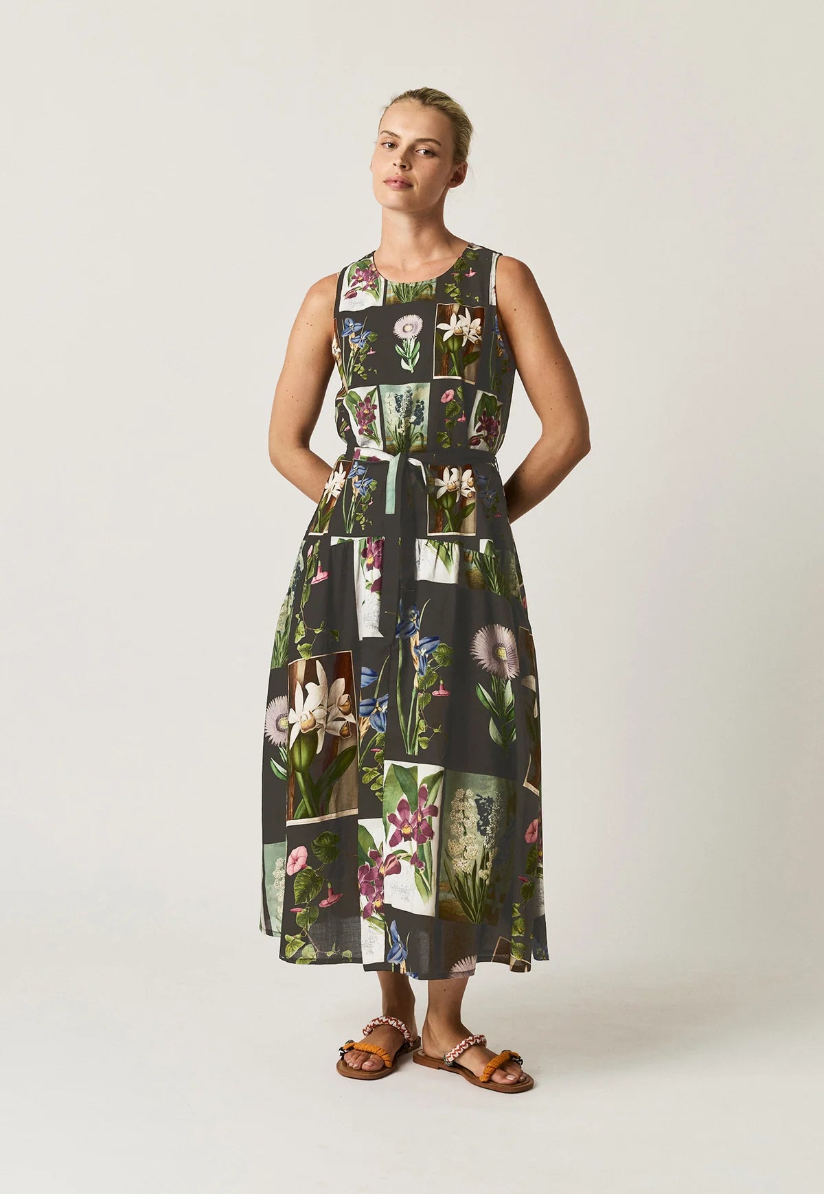 Nancybird Clementine dress sleeveless with waist tie maxi length, featuring Charcoal archive floral print.
