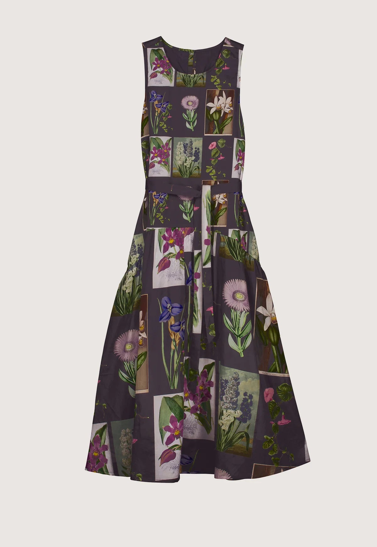 Nancybird Clementine dress sleeveless with waist tie maxi length, featuring Charcoal archive floral print.