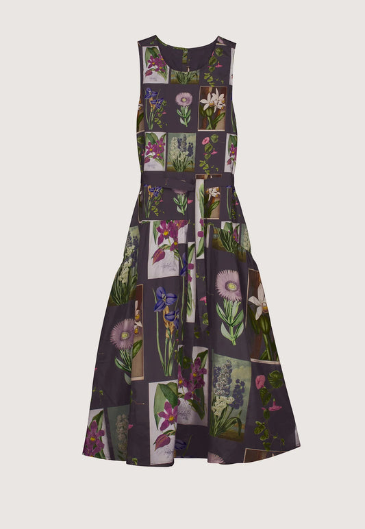 Nancybird Clementine dress sleeveless with waist tie maxi length, featuring Charcoal archive floral print.