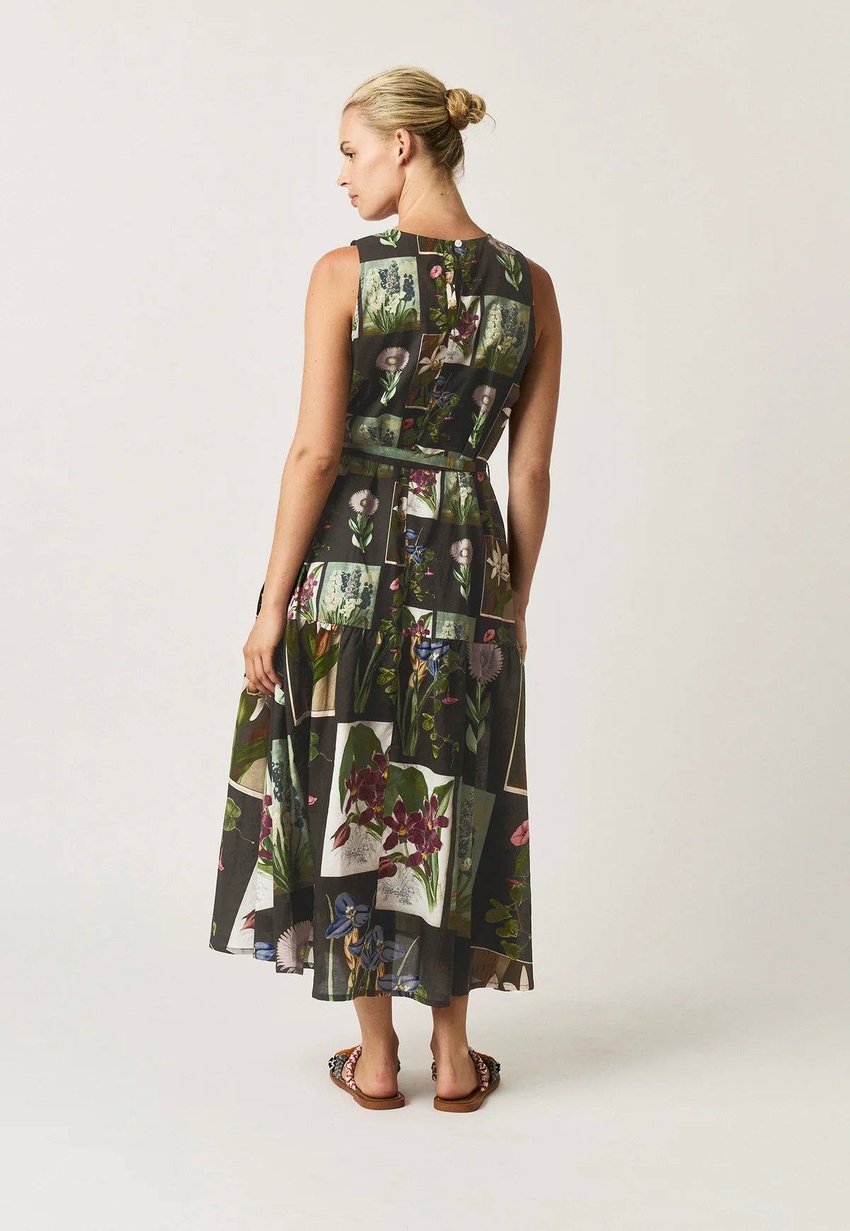 Nancybird Clementine dress sleeveless with waist tie maxi length, featuring Charcoal archive floral print.