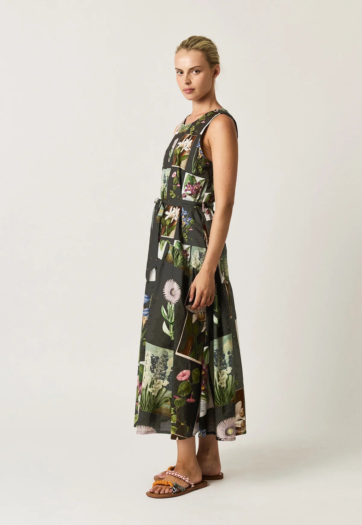 Nancybird Clementine dress sleeveless with waist tie maxi length, featuring Charcoal archive floral print.