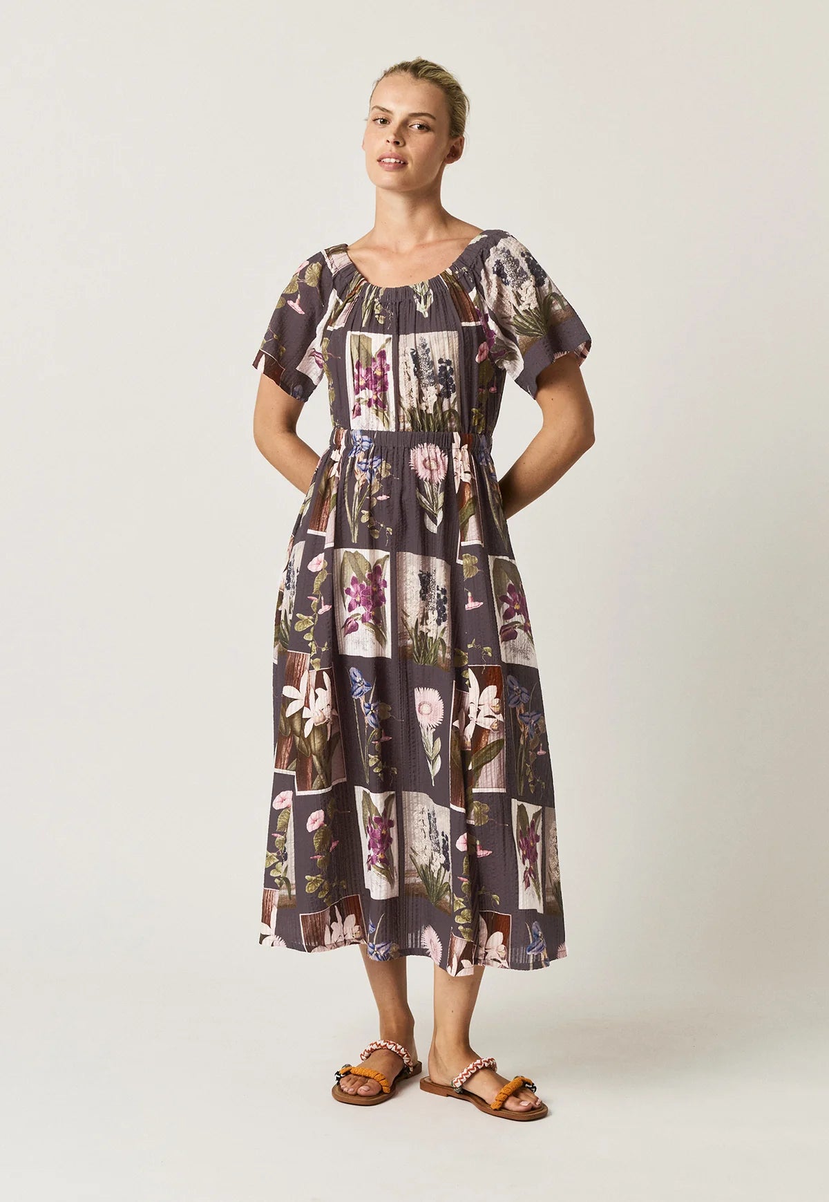 Nancybird Daphne cotton seersucker dress in charcoal floral archive print, gathere at neck, flared skirt.