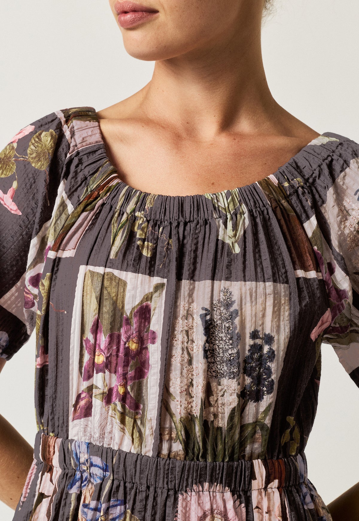 Nancybird Daphne cotton seersucker dress in charcoal floral archive print, gathere at neck, flared skirt.