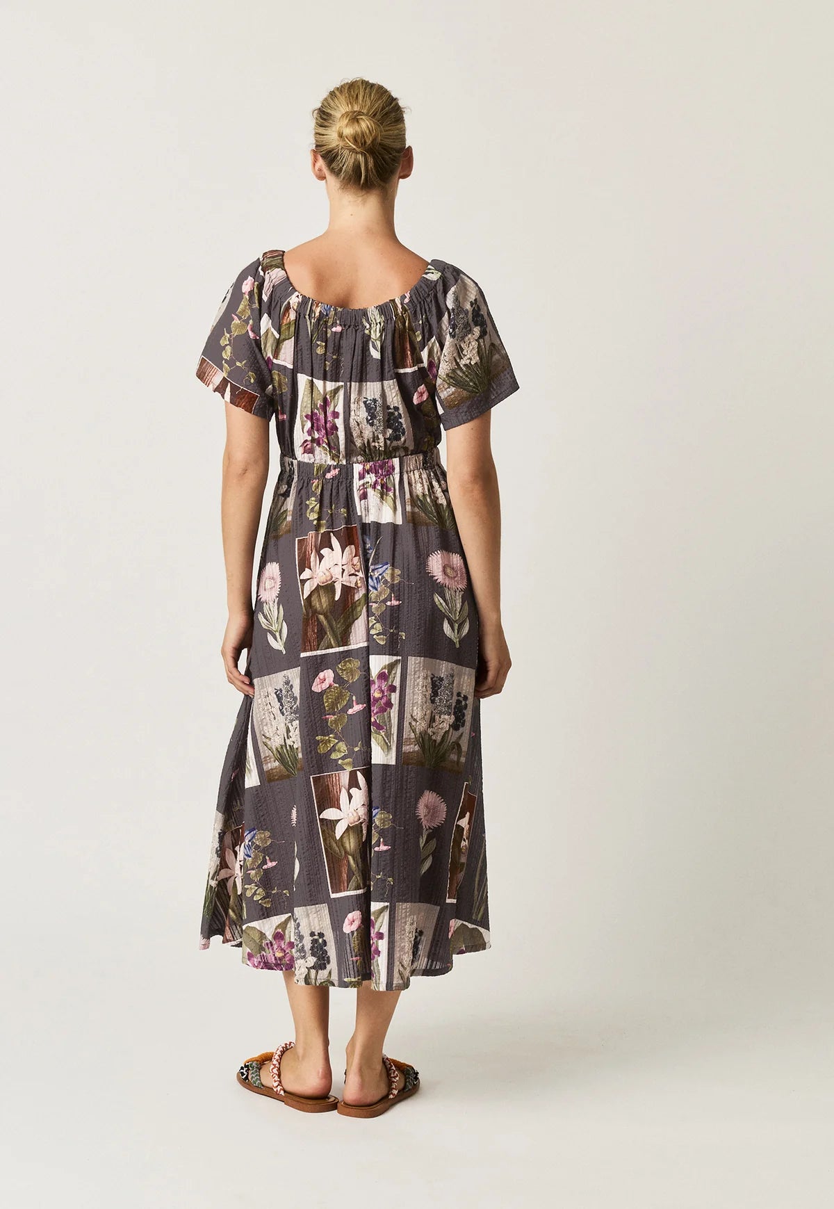Nancybird Daphne cotton seersucker dress in charcoal floral archive print, gathere at neck, flared skirt.
