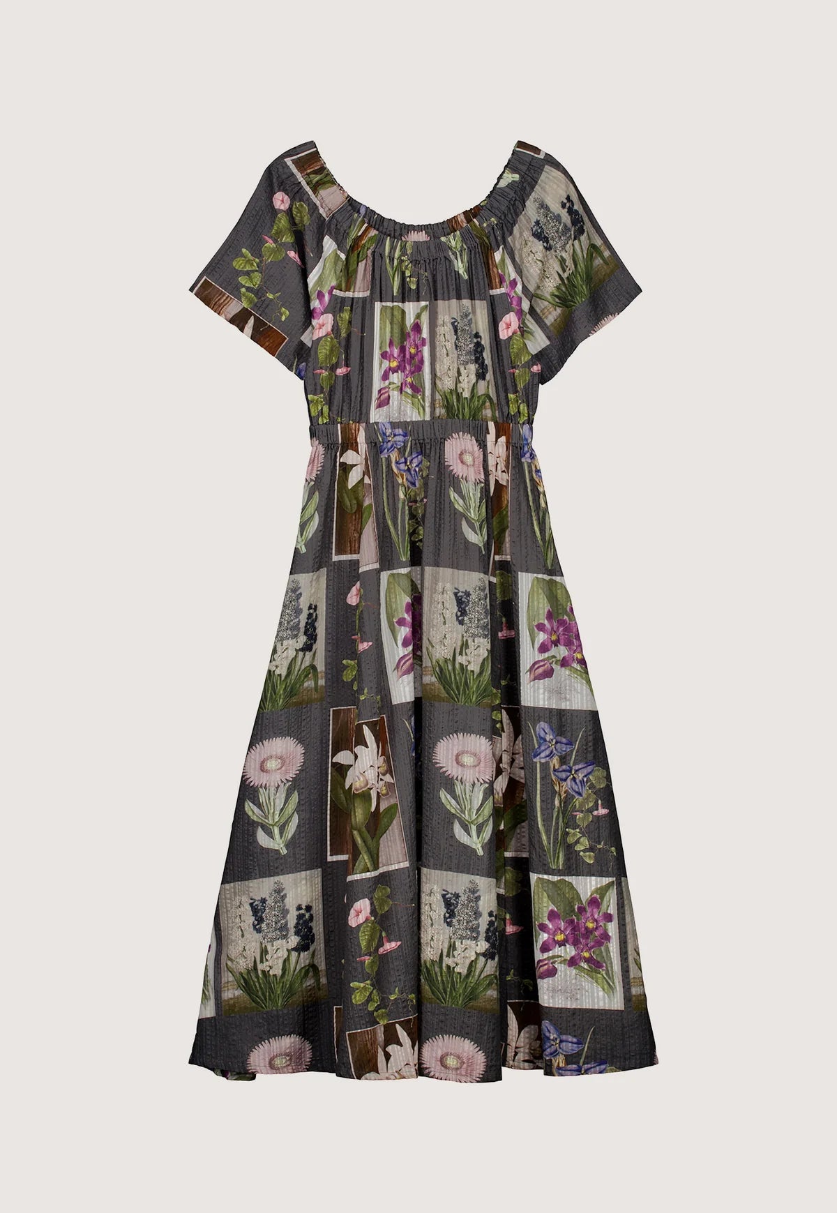 Nancybird Daphne cotton seersucker dress in charcoal floral archive print, gathere at neck, flared skirt.