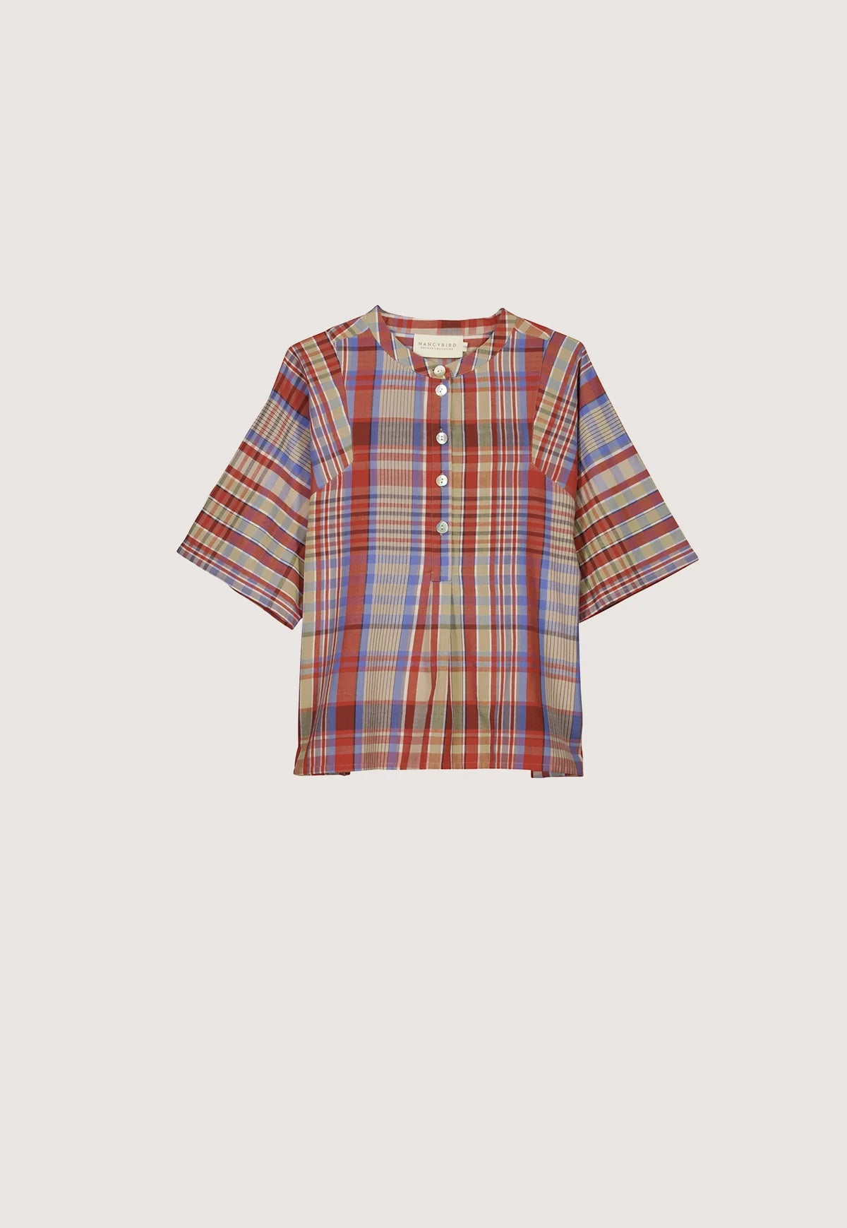 Nancybird Monica short sleeved top in coast check handwoven organic cotton.