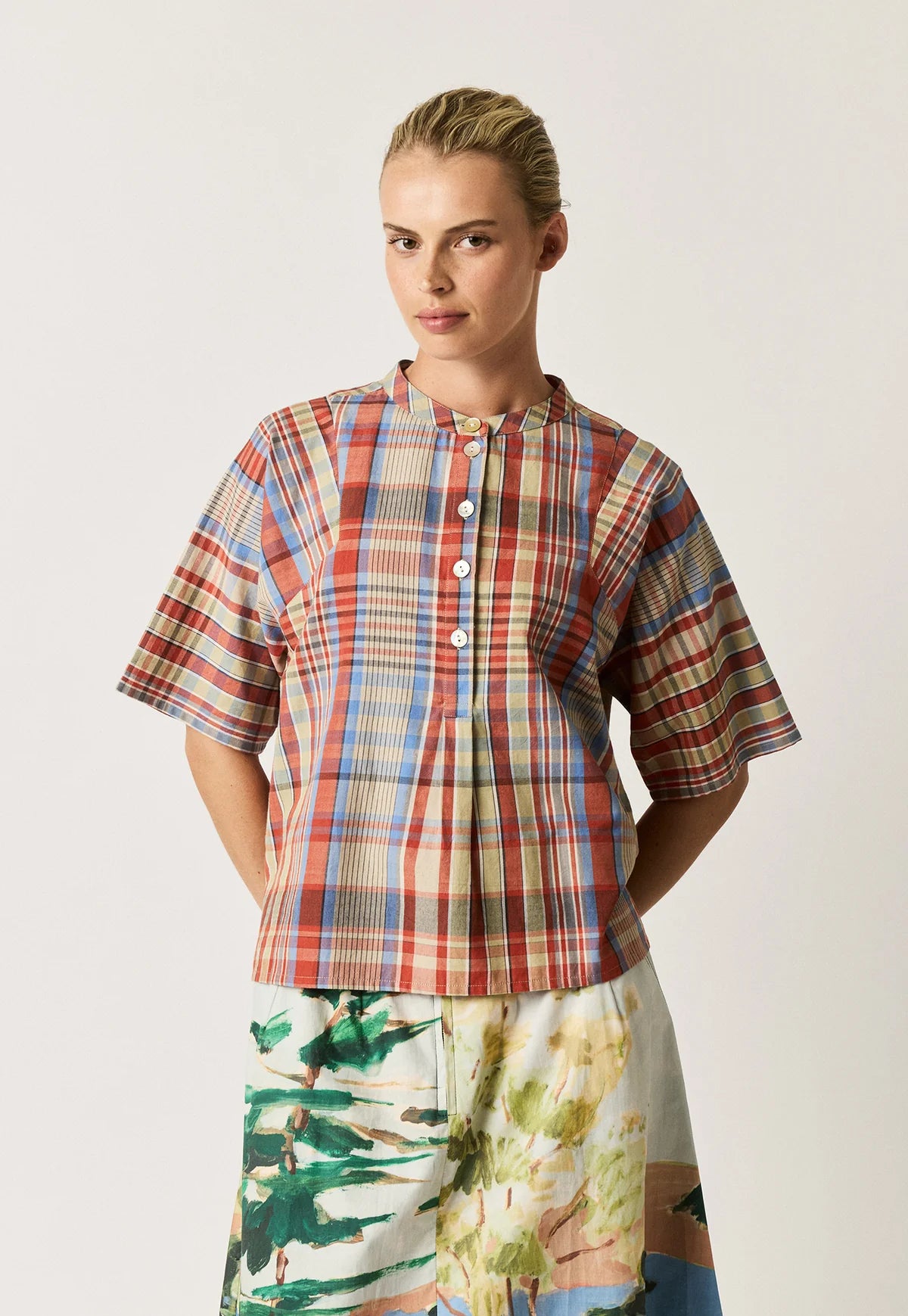 Nancybird Monica short sleeved top in coast check handwoven organic cotton.