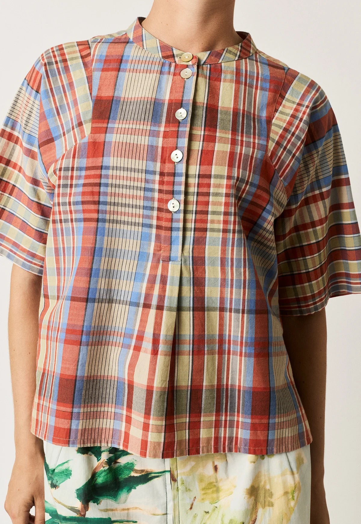 Nancybird Monica short sleeved top in coast check handwoven organic cotton.