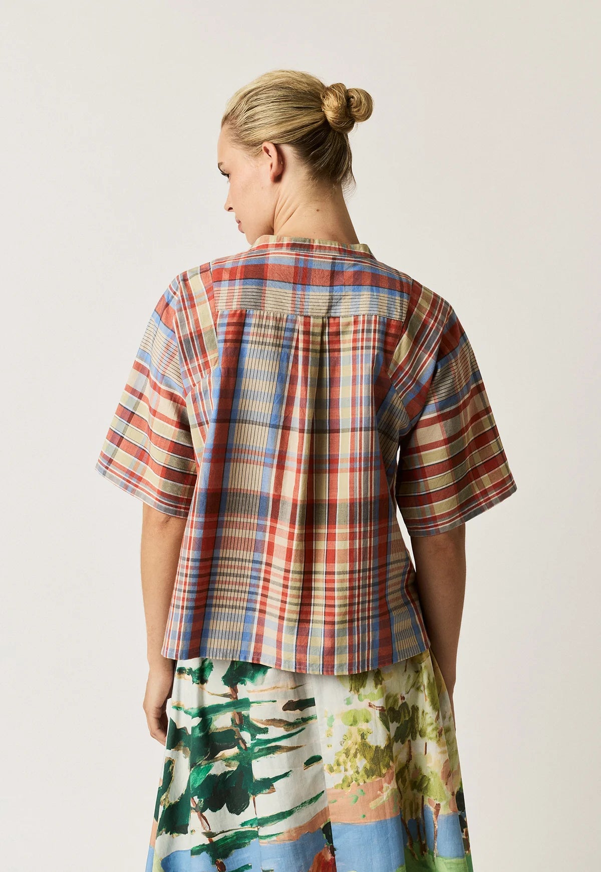 Nancybird Monica short sleeved top in coast check handwoven organic cotton.