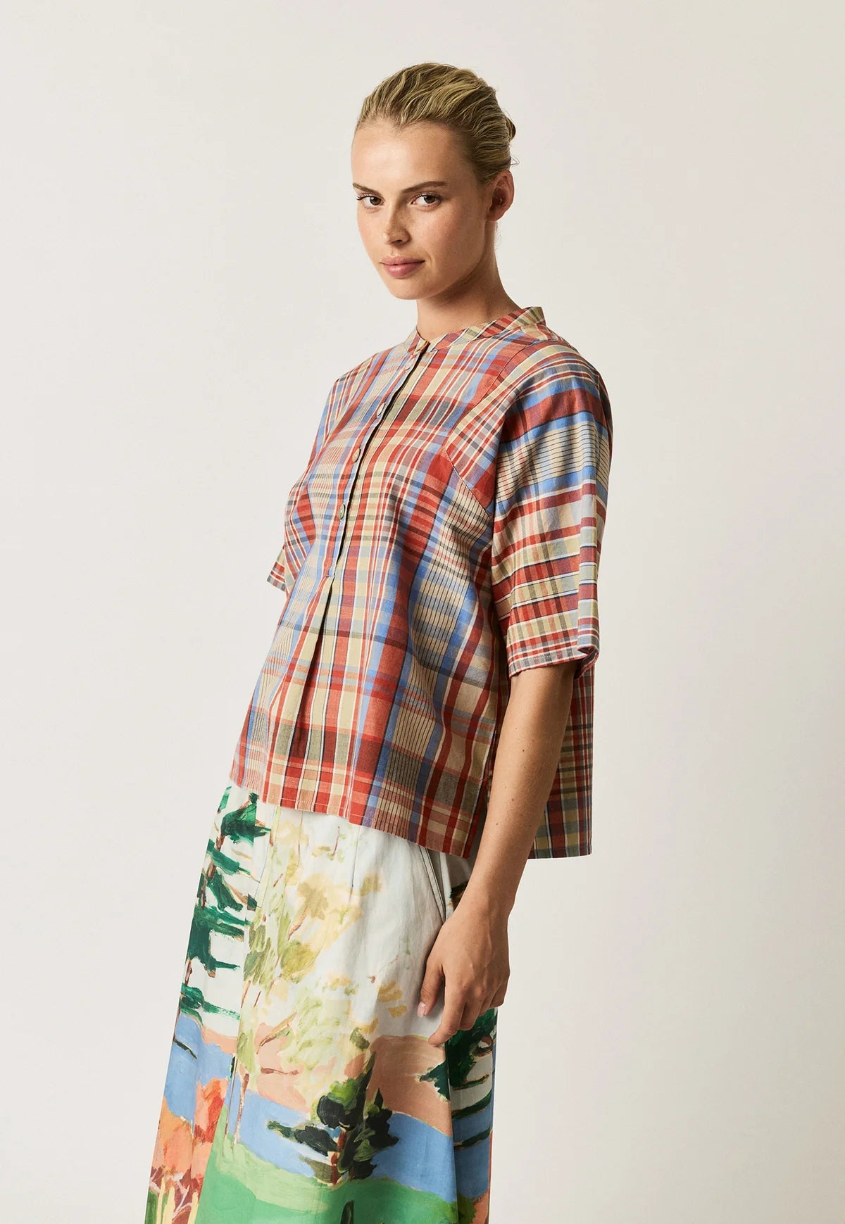 Nancybird Monica short sleeved top in coast check handwoven organic cotton.