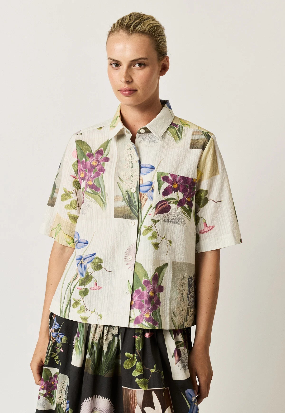 Nancybird cotton button up Summer shirt  archive floral print.