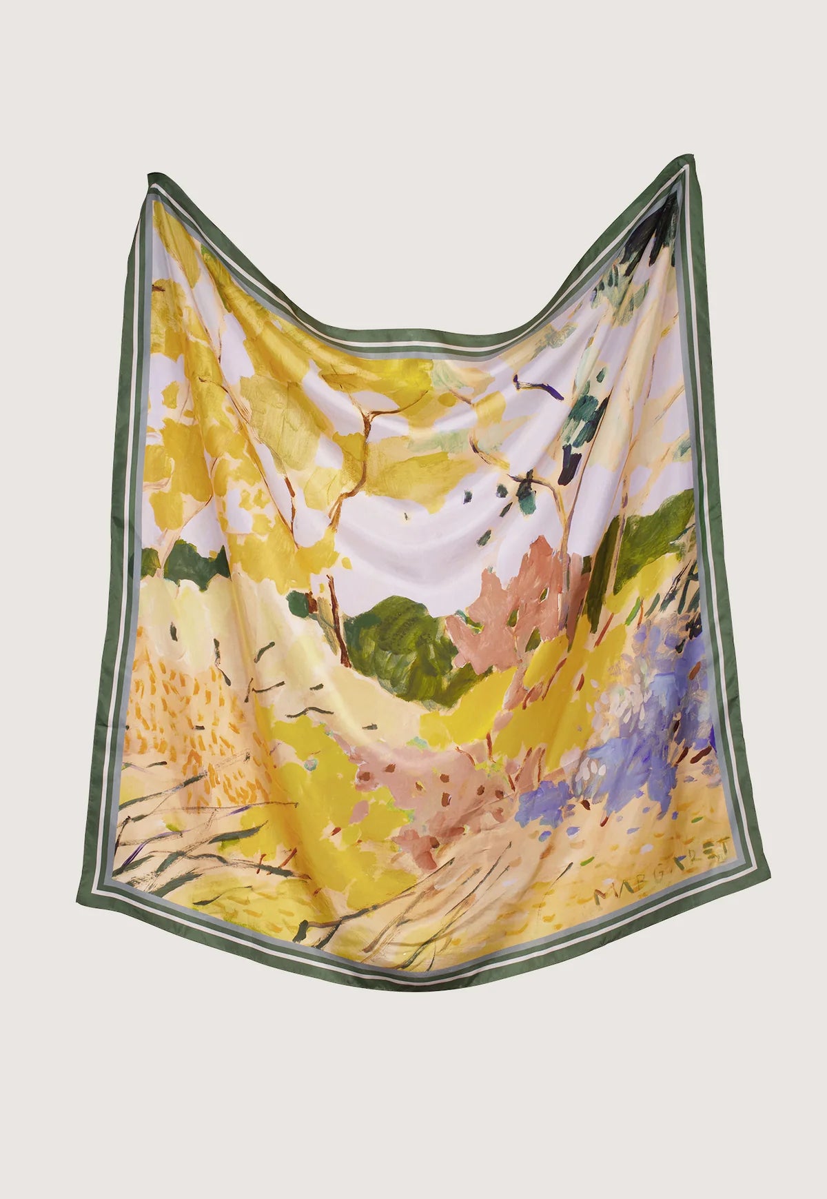 Nancybird silk square scarf featuring Ausrtalian landscape art print.