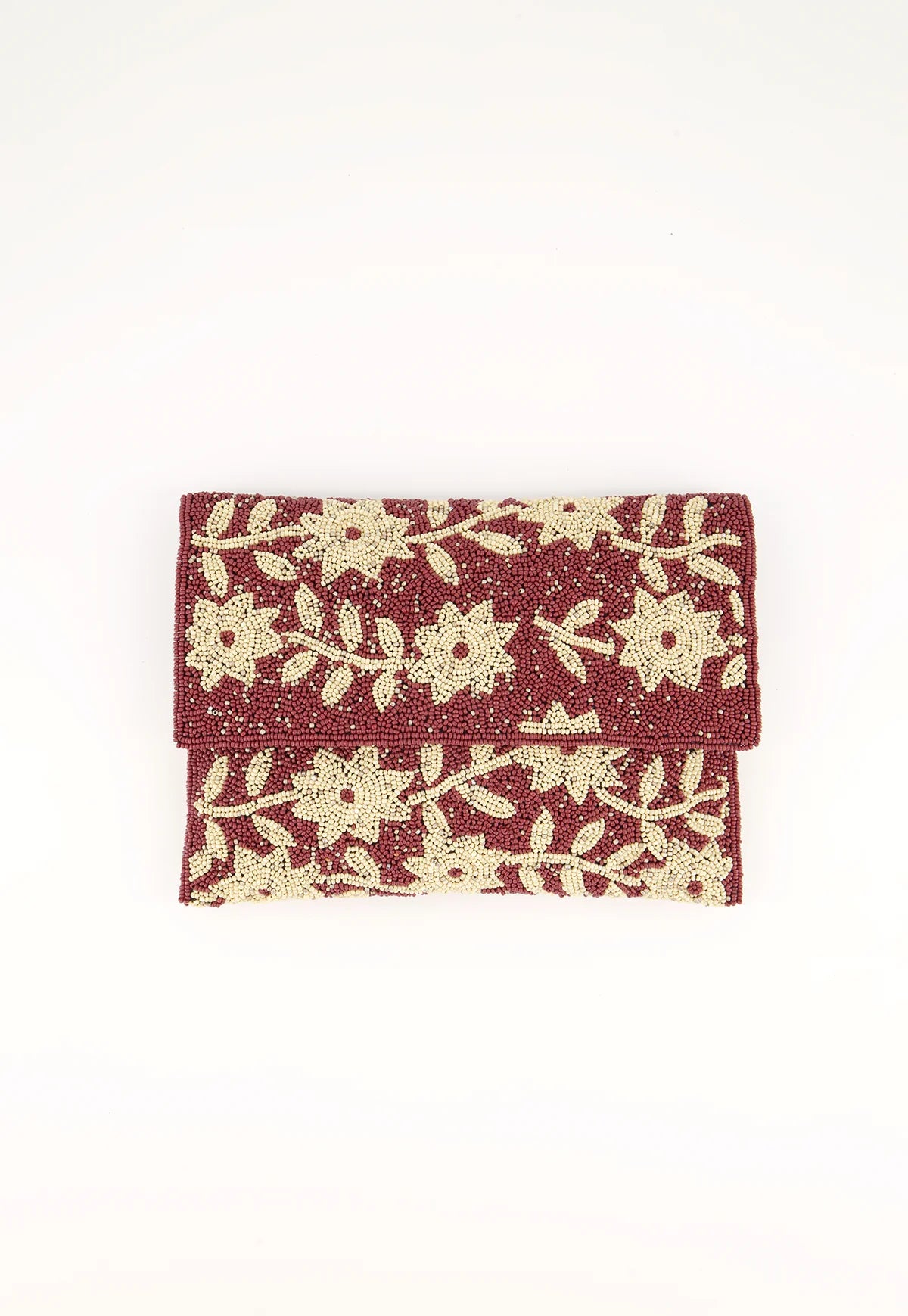 Nancybird hand beaded fold clutch cream flowers om brown base.