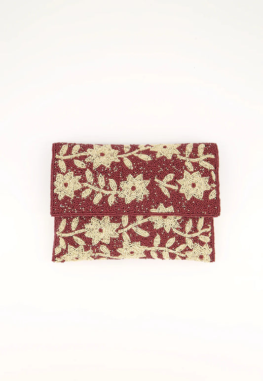 Nancybird hand beaded fold clutch cream flowers om brown base.