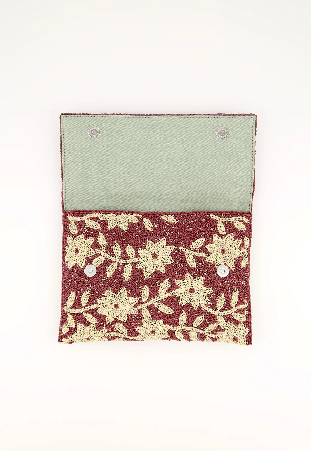 Nancybird hand beaded fold clutch cream flowers om brown base.