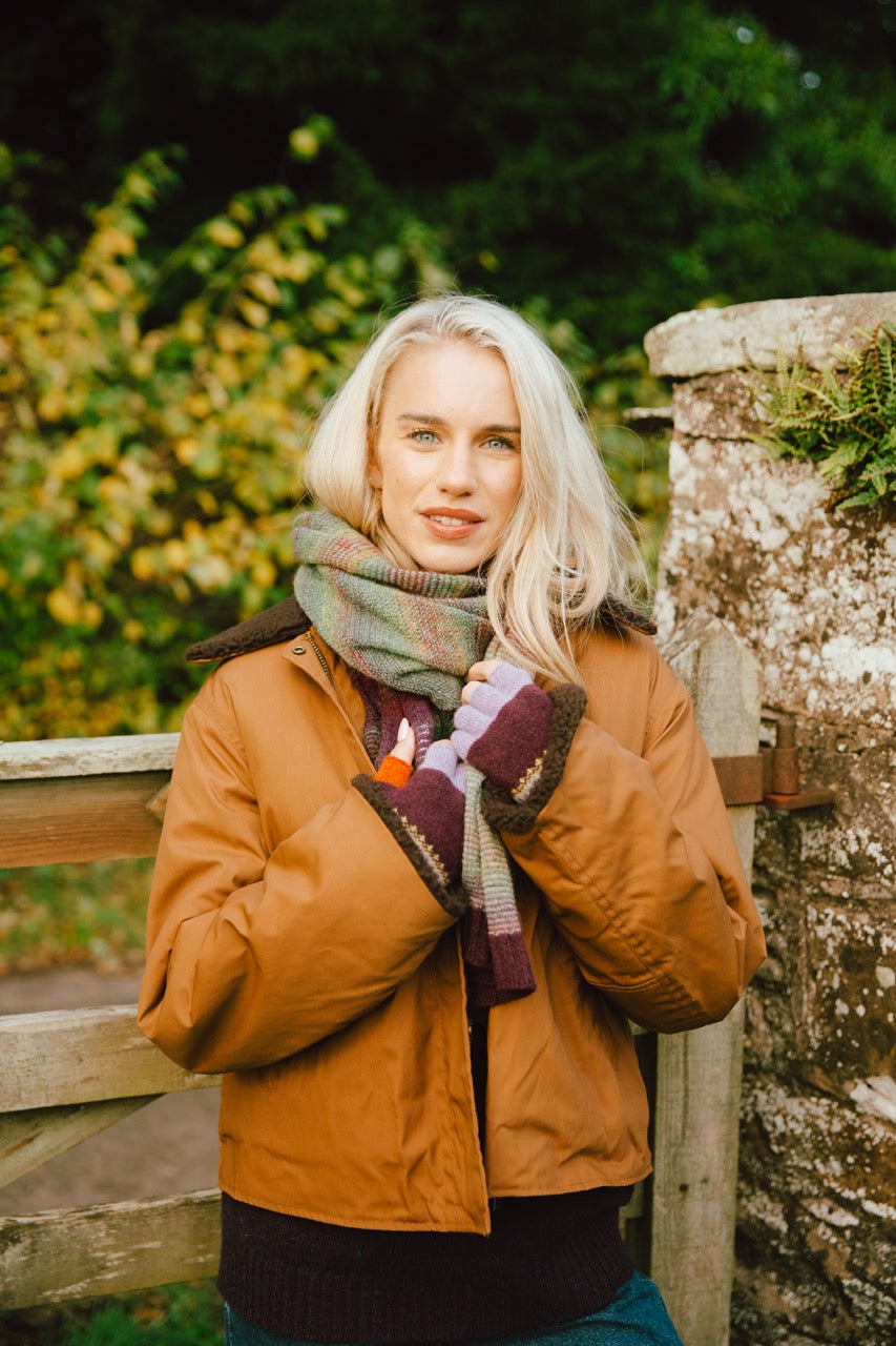 Eribe kid mohair and merino wool Treeline wrap in Lingonberry.