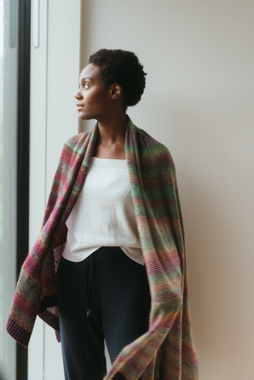 Eribe kid mohair and merino wool Treeline wrap in Lingonberry.